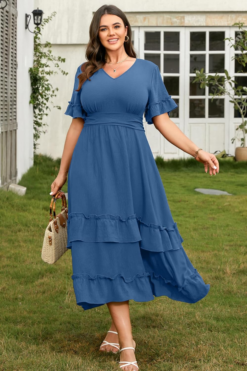 RWJ Womens 2026 Summer Plus Size Wedding Guest Dresses Ruffle Sleeve V Neck A Line Flowy Tiered Maxi Dress