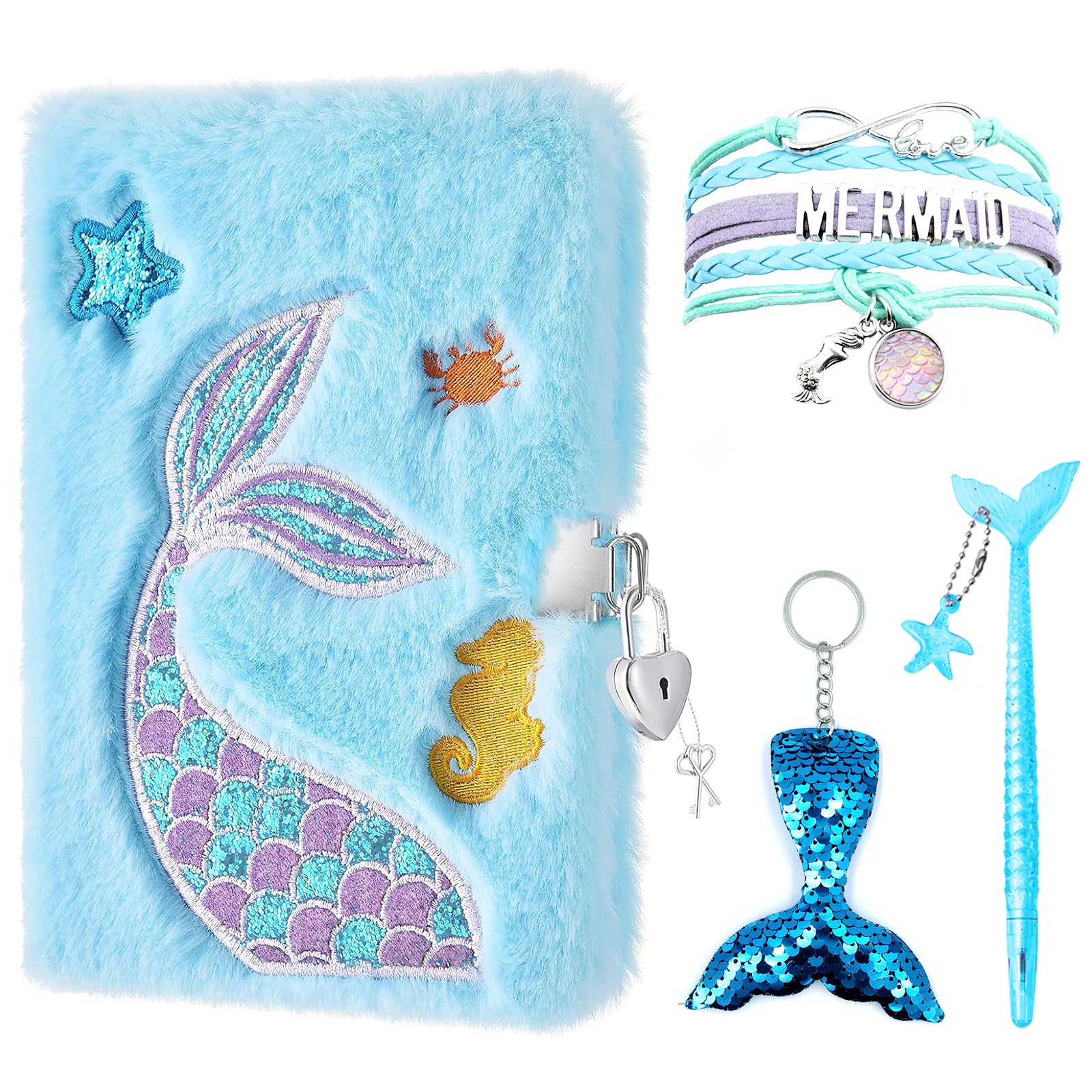 Balakaka Juego de Diario de Sirena de Lentejuelas 4pcs,Diarios para Niñas Material Escolar Diario Secreto Regalo para niñas,Bolígrafos Llaveros Pulseras Niña Diario con Candado
