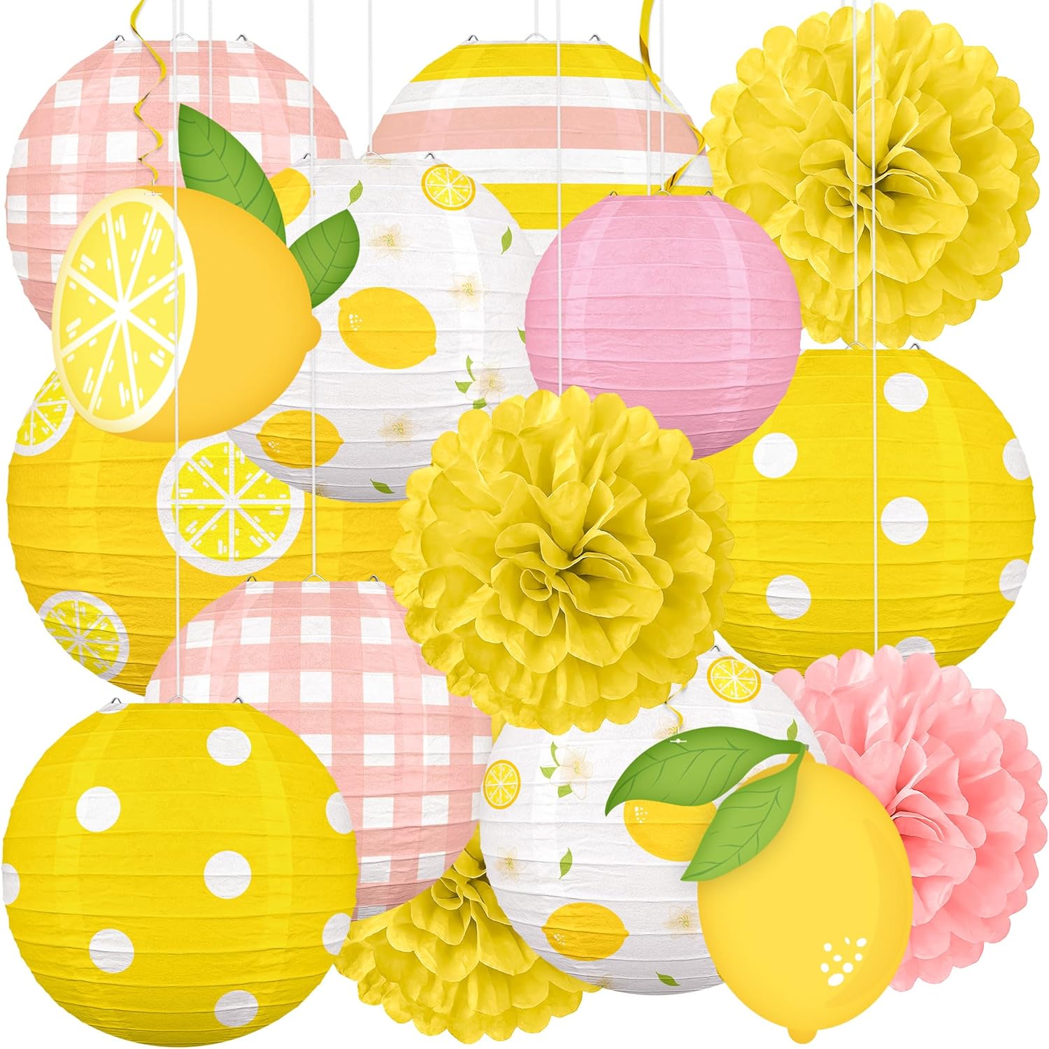 15PCS Summer Lemon Party Decorations Paper Lanterns Pom Poms Hanging Swirls Yellow Pink Theme Lemonade Stand Italian Decor for Birthday Home Backyard Indoor Outdoor