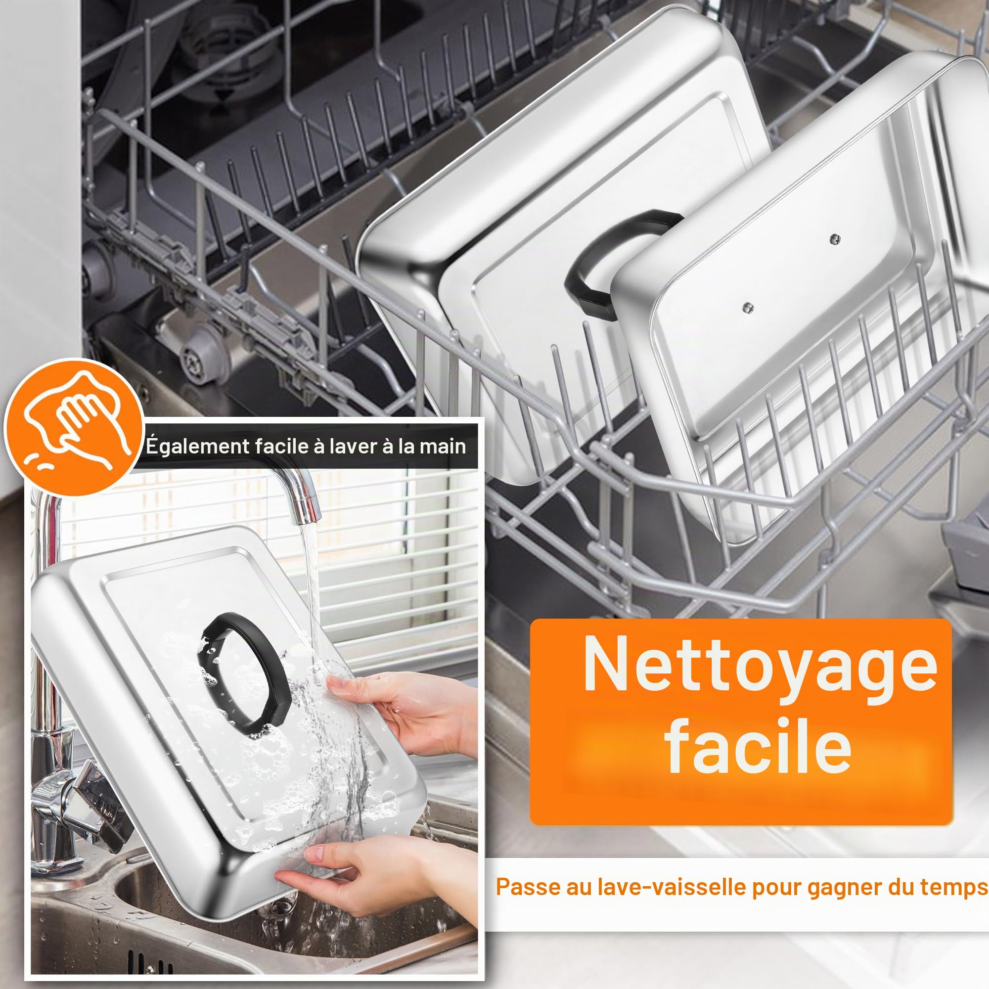Joyfair Lot de 2 couvercles rectangulaires en acier inoxydable pour badigeonner la vapeur avec poignée résistante à la chaleur, couvercle à hamburger pour barbecue Teppanyaki à dessus plat, cuisson