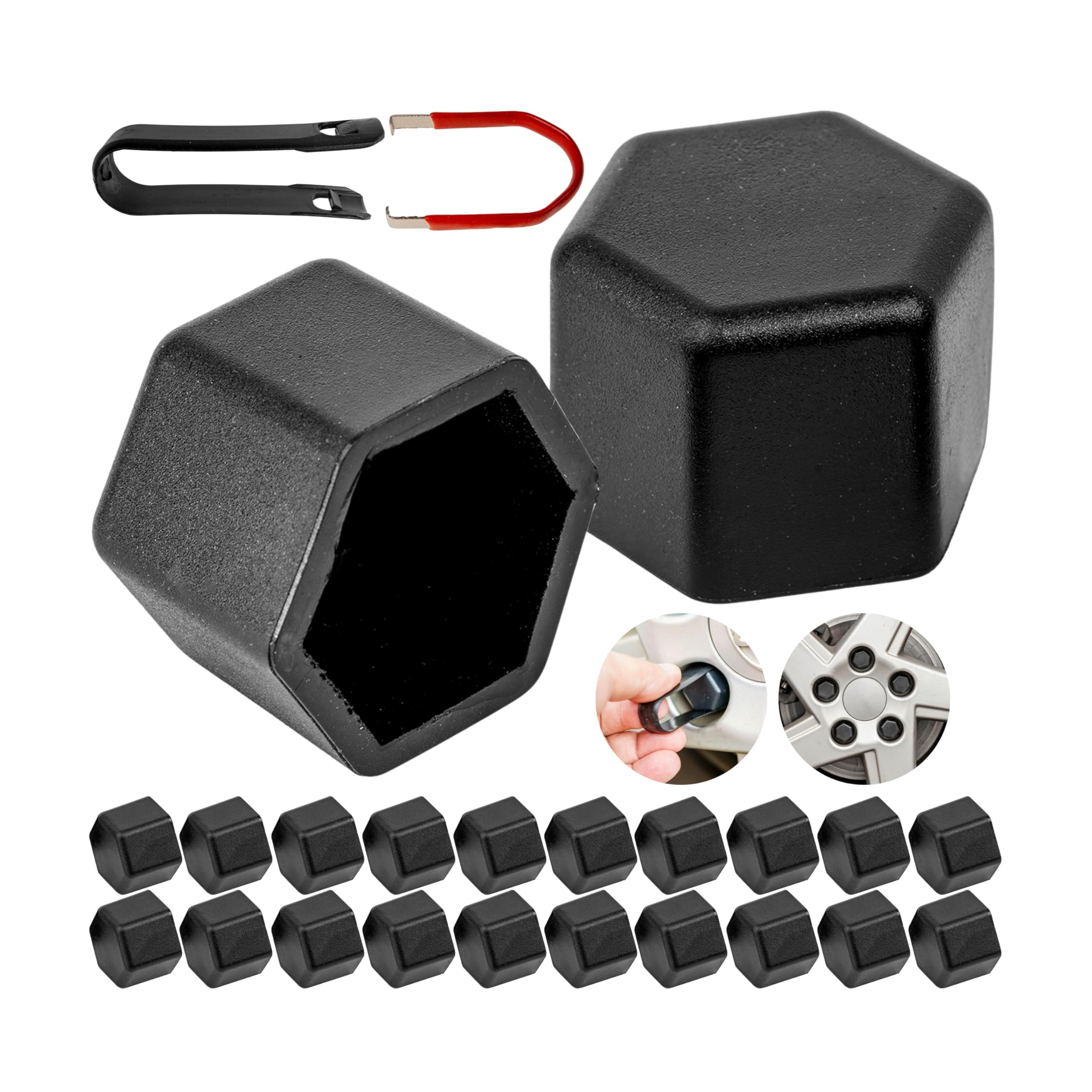 Your Day Mate Set di Tappi per bulloni e Dadi Ruota, 24 Pezzi, per bulloni e Dadi esagonali da 21 mm, Foro Ruota min. Ø 28 mm, Tappi per Dadi Ruota in Silicone Nero, 2 x utensile, copriperno Ruota