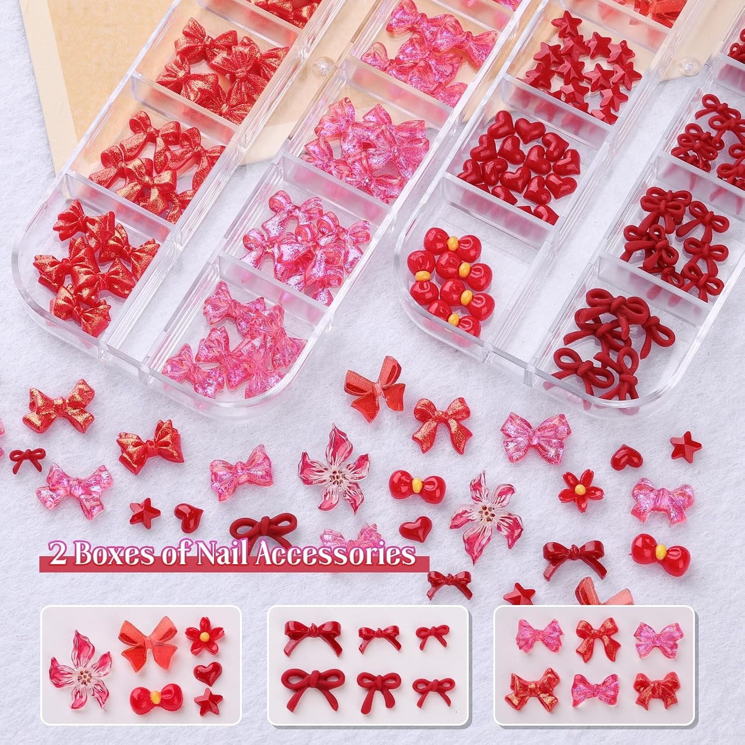 2 Boxes 3D Bow Nail Charms, Cute Small Bowknot Daisy Hibiscus Flower Nail Charms Resin Flatback Bow Heart Star Floral Nail Decorations for Women Nail Art DIY Craft (Red)
