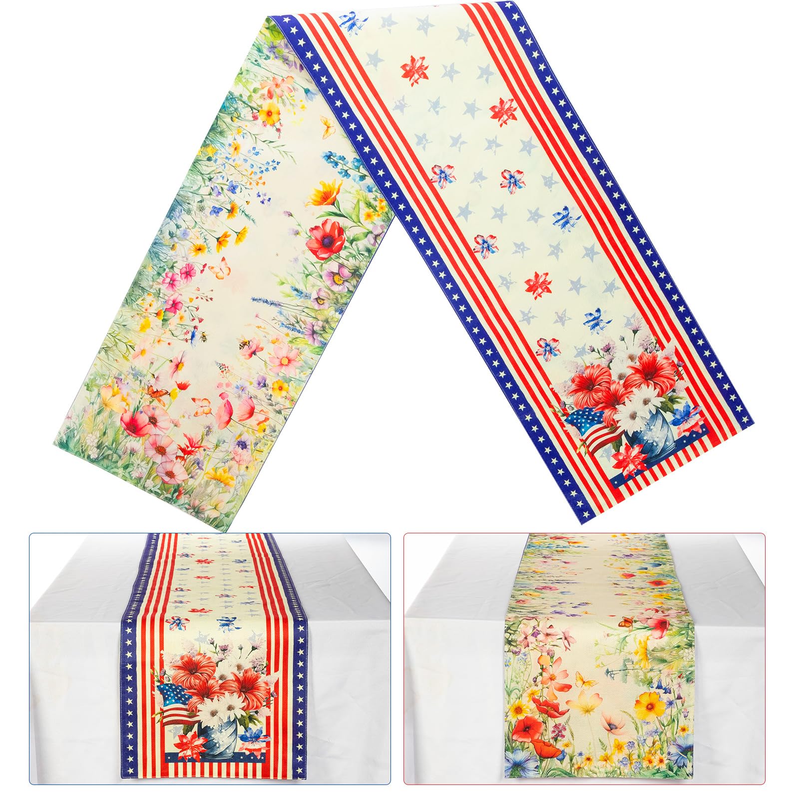 Reallnaive Patriotic Flower Table Runner Veterans Day Decoration Watercolor Red White and Blue American Flag Linen Double-Sided Table Decorations US