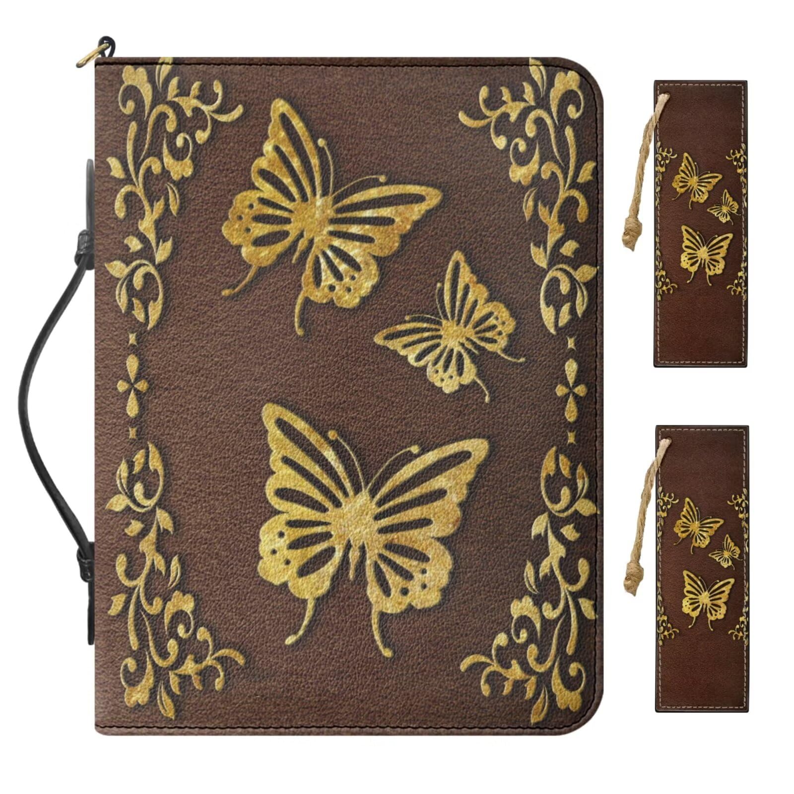 Urndoeng Golden Butterfly Print Christian Men/Women's Bible Cover Bible Church Carrying Case Black Leather Book Protective Custom