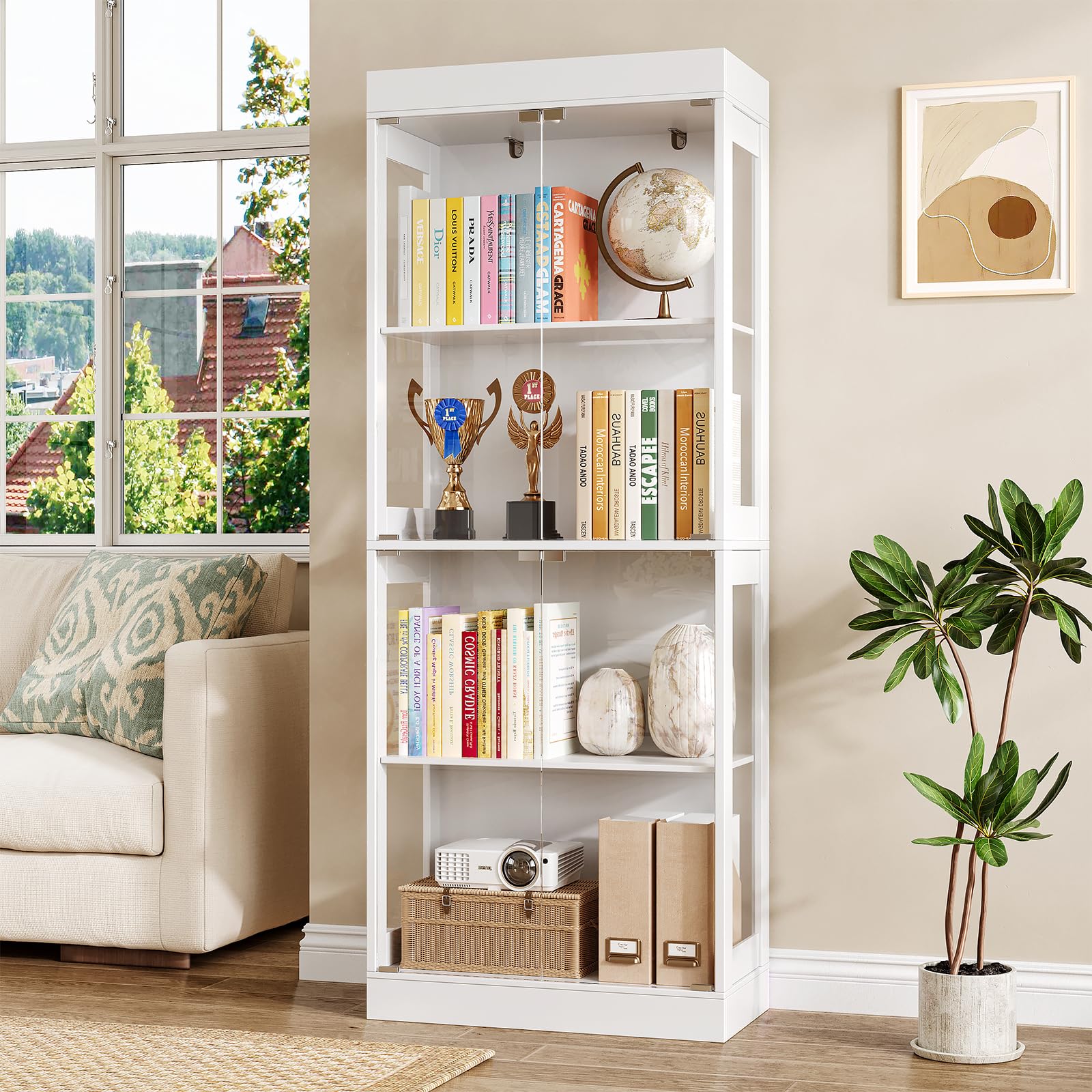 70.1" Display Cabinet with Glass Doors,4-Tier Curio Cabinet for Collectibles, Tempered Glass Display Case with Handleless Design for Living Room, Office, Kitchen，White