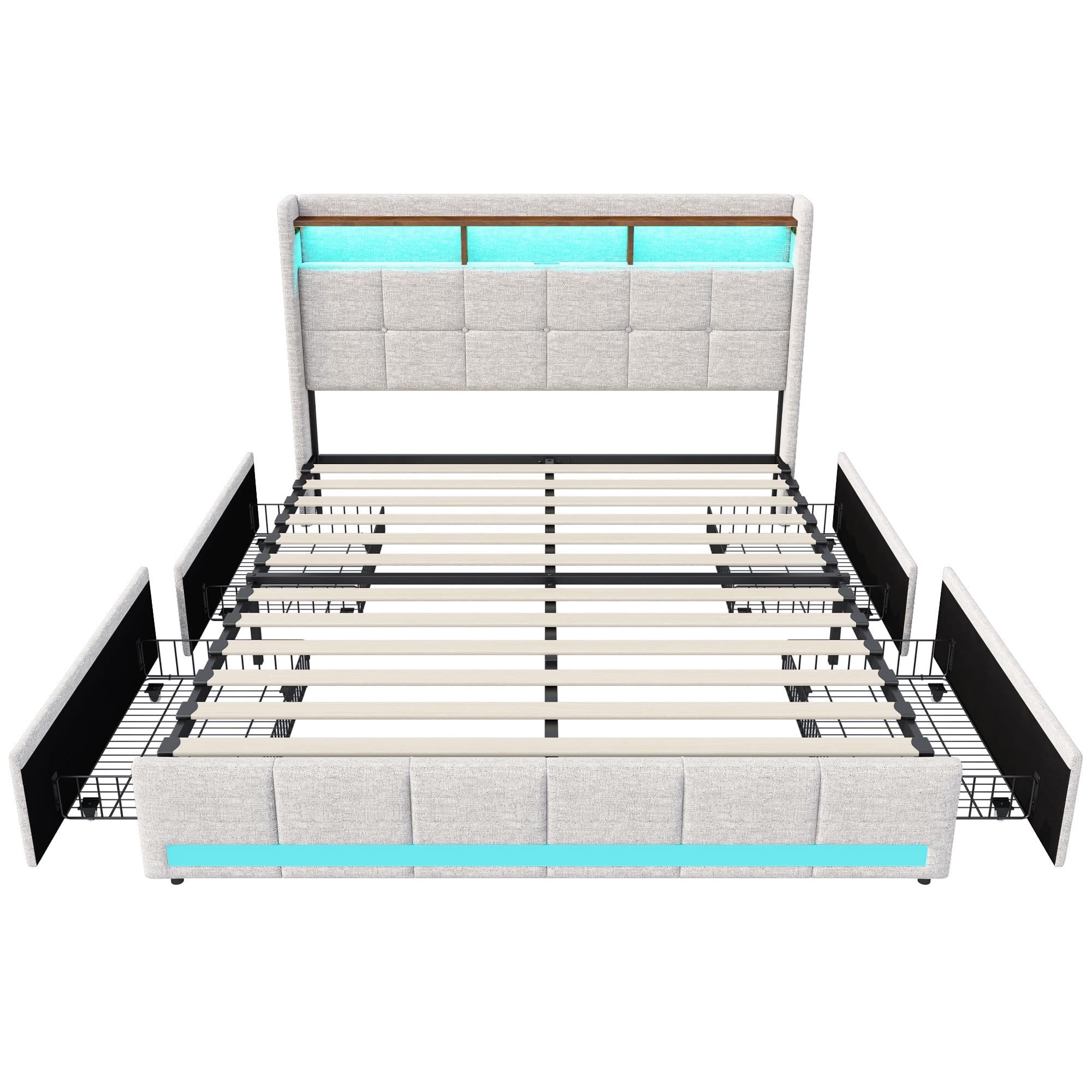 Cama tapizada para cama doble de 140 x 190 cm con 4 cajones, cama LED con conexión USB y tipo C, estructura de cama con somier, cabecero con compartimento, cama juvenil, cama de invitados, lino, beige