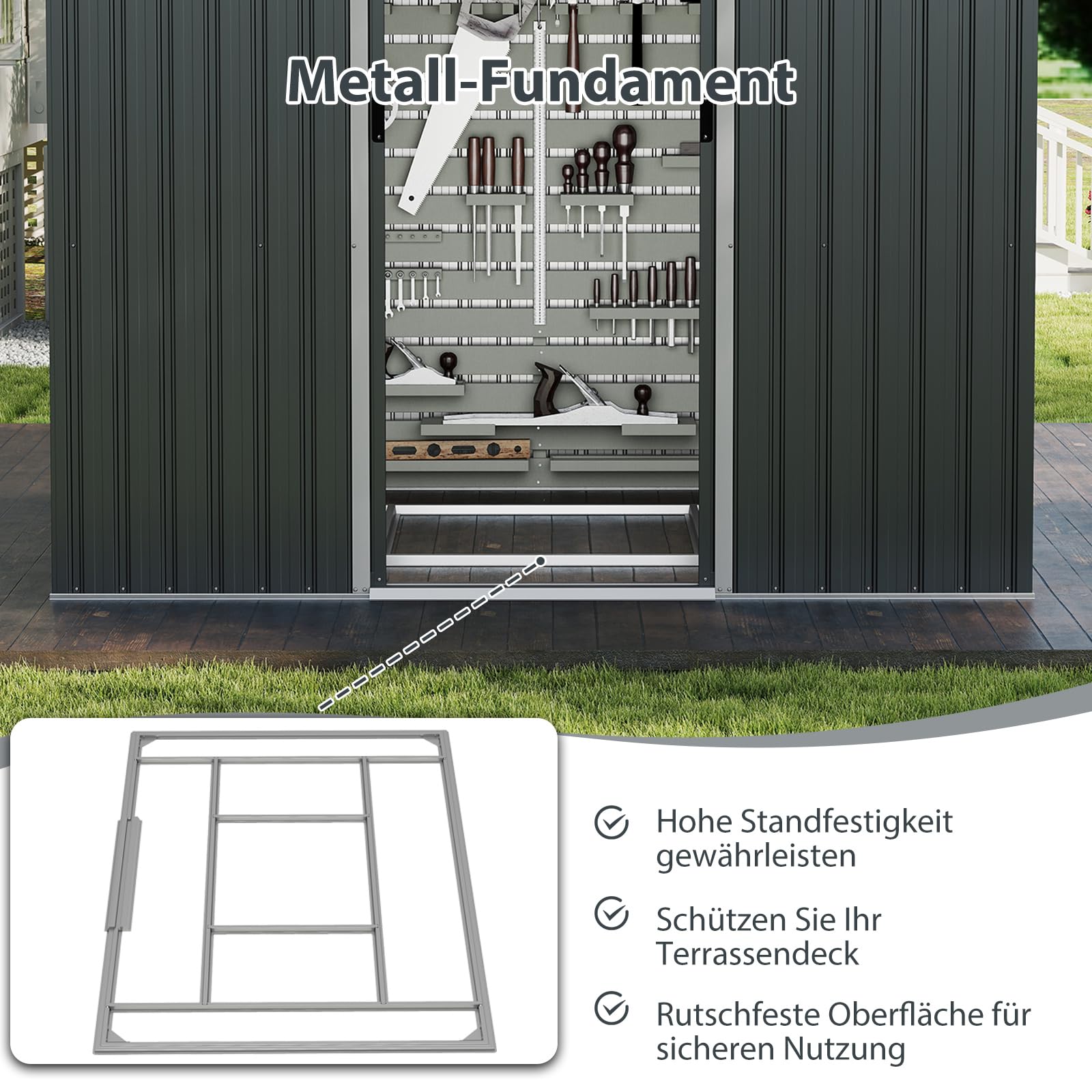 COSTWAY Geräteschuppen, Gerätehaus Metall mit Pultdach & Schiebetüren, Gartenhaus mit 4 Luftventile & Bodenbasis, Fahrradgarage Gartenschuppen für Garten, Rasen, Terrasse, 235 x 171 x 196 cm