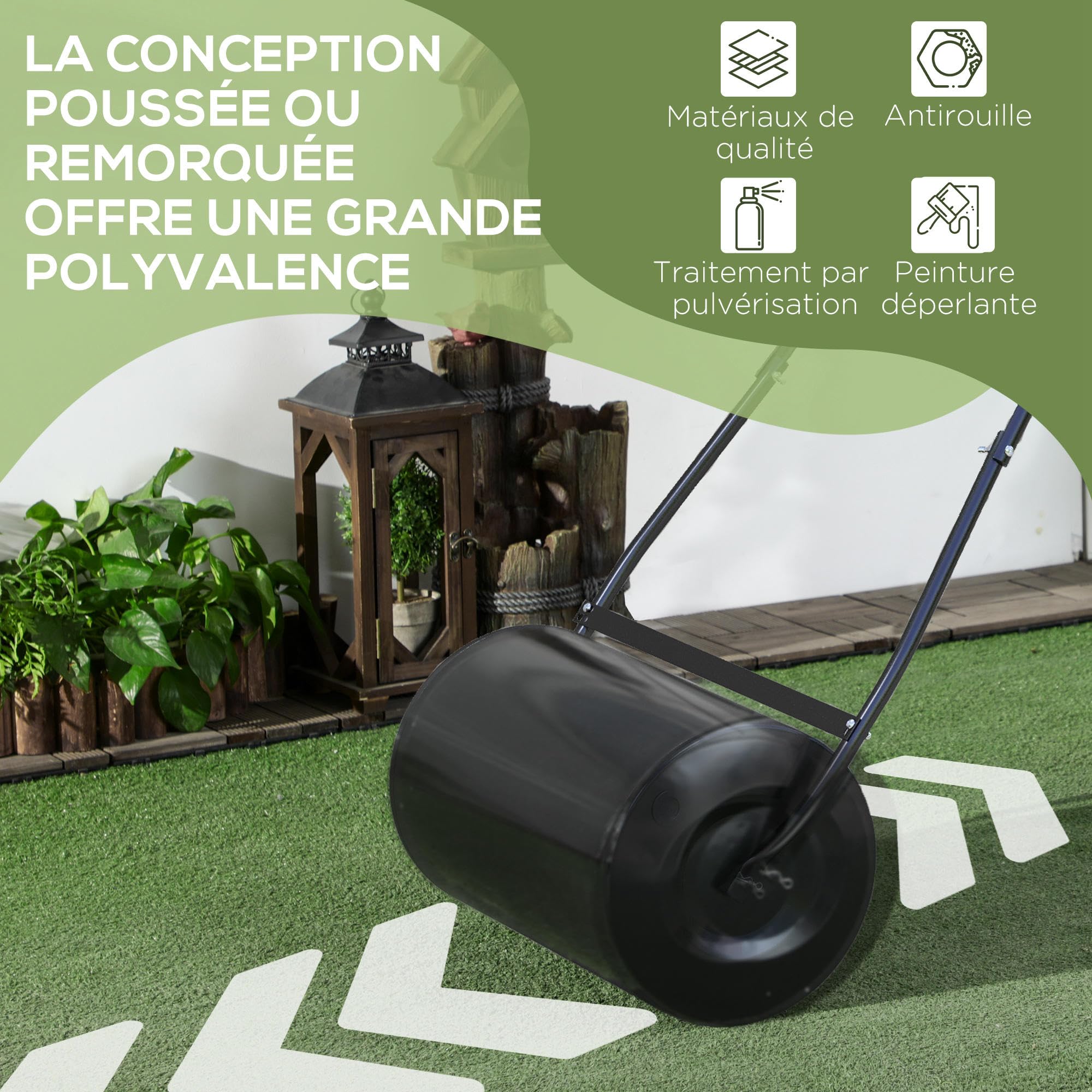 DURHAND Rouleau à Gazon, Rouleau de Jardin 50 cm, remplissable avec 38 L d'eau ou de Sable, poignée Ergonomique, Outil de Jardinage pour pelouse, Patio et Parc, Noir