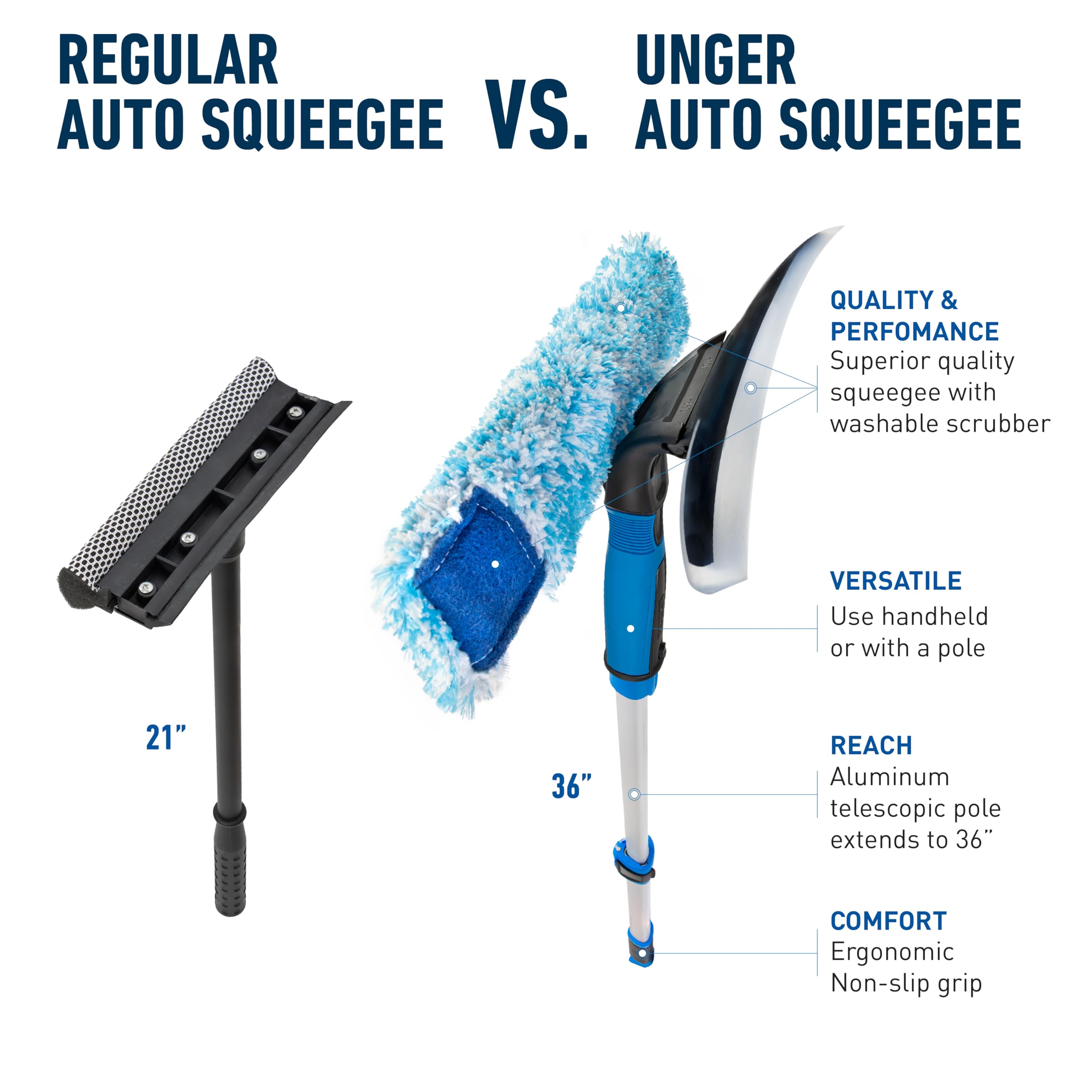 Unger Escobilla de goma curvada de silicona de 10 pulgadas con poste telescópico de 3 pies, hoja flexible para curvas de ventana, herramienta de limpieza de parabrisas, funda de microfibra