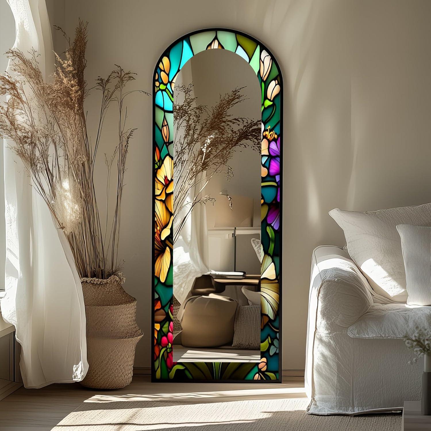 23,5’’W x 67’’H Colorful Arched Full Lenght Mirror - Arch Full Body Stained Floor Mirror with Gold Frame