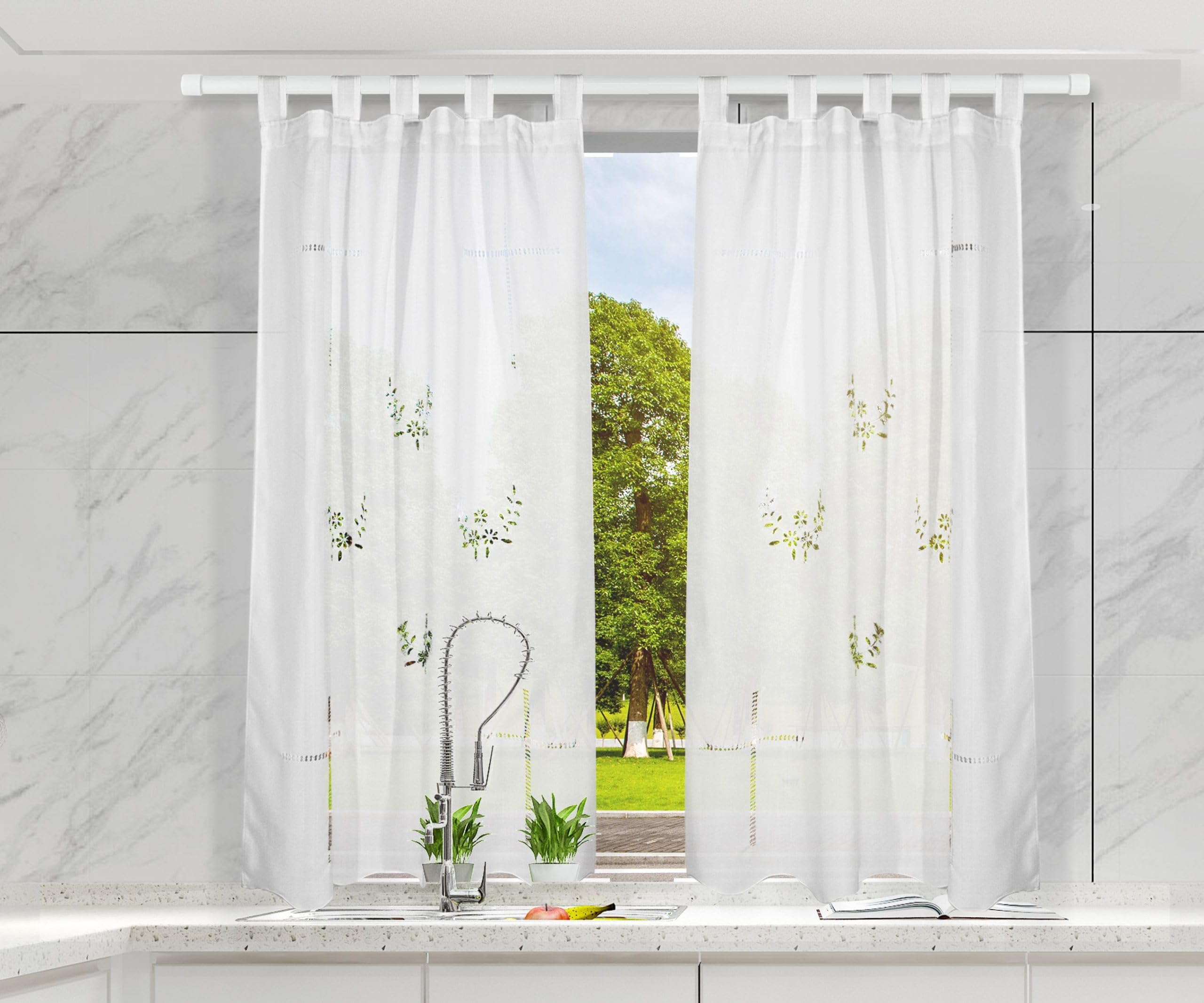 HOMEYA - Cortina Cocina Translúcida 100x150cm - Cortina con Bordados de Flores,para Cocina,Comedor, Marco de Puerta - 1 Unidad Color Blanco,100% Poliester