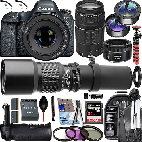 Canon EOS 6D Mark II DSLR Camera w/Canon EF 50mm F/1.8 STM+EF 75-300mm f/4-5.6 III+500mm f/8 Preset Telephoto Lenses+64GB Memory+Battery Grip+Accessory Bundle (Renewed)