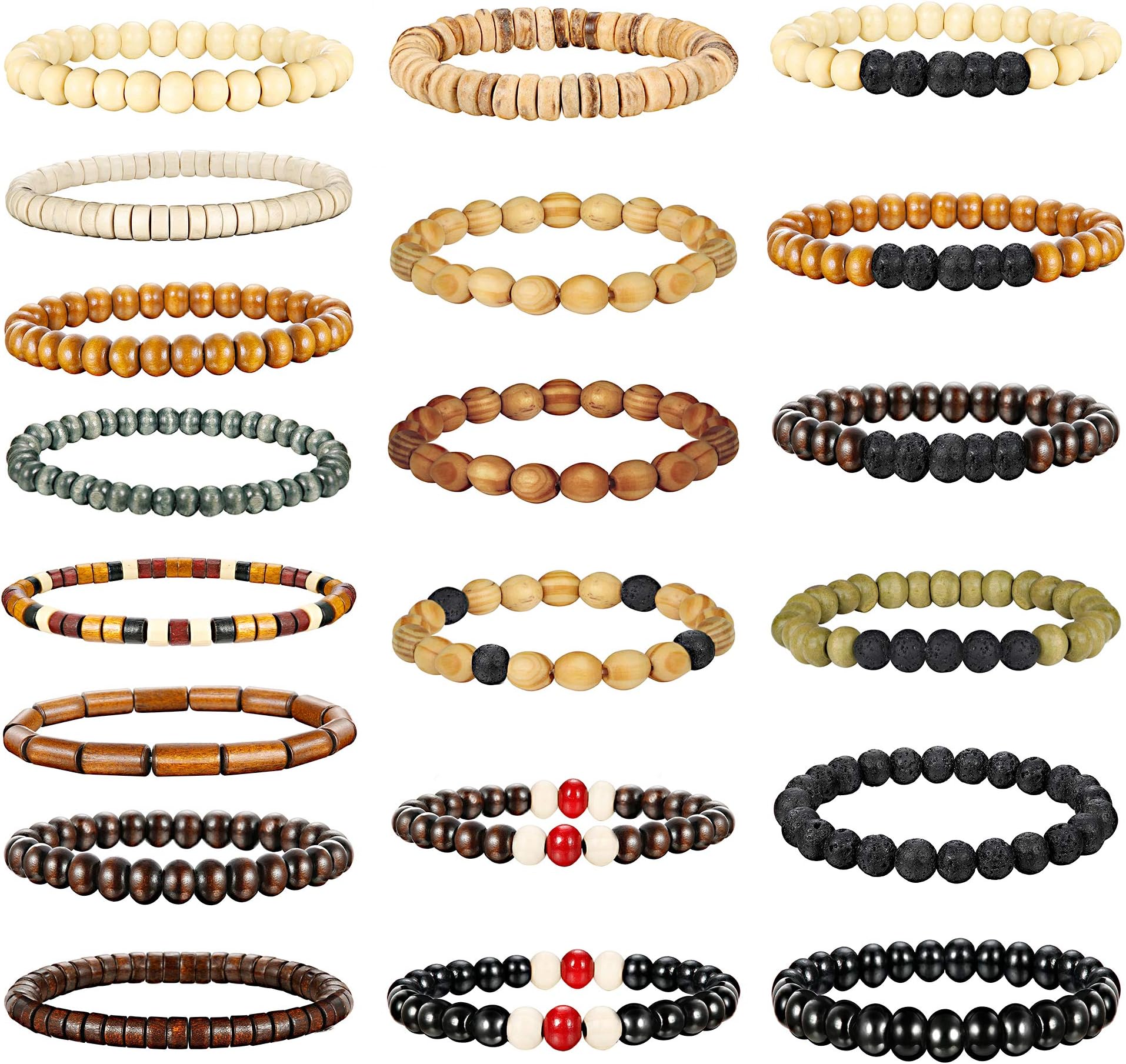 Jstyle20Pcs Wooden Bead Bracelet for Women Mens Lava Rock Stone Beads Essential Oil Diffuser Beaded Bracelets Bangles Elastic Stretch Bracelet Set