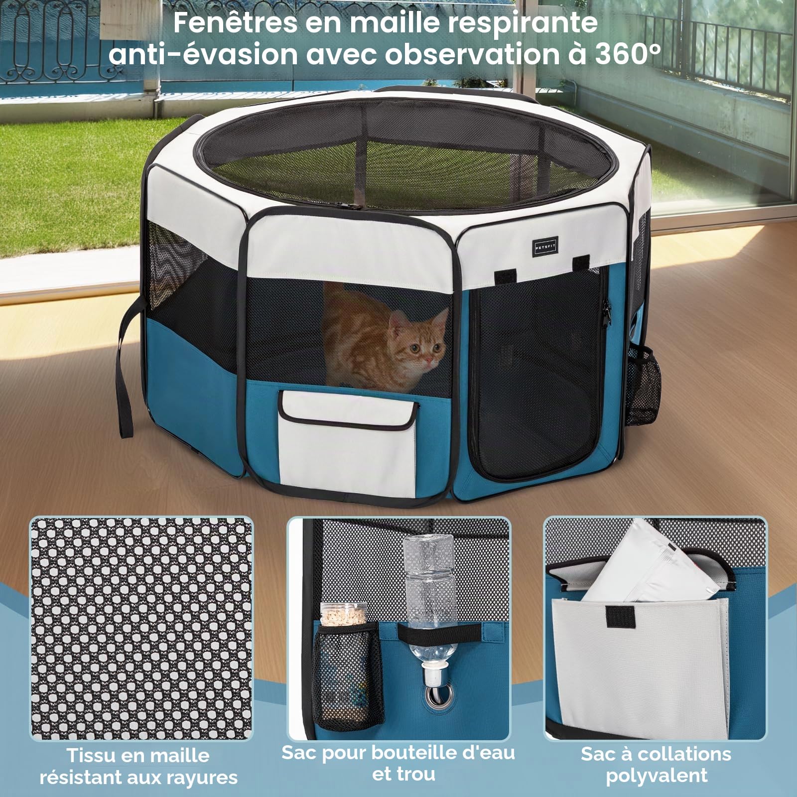 PETSFIT Enclos Pliable pour Petits Animaux, Chiens, Chats, avec Fond étanche, système Pop-up, Design Anti-Mastication, Gris/Bleu, 116 x 106 x 70 cm