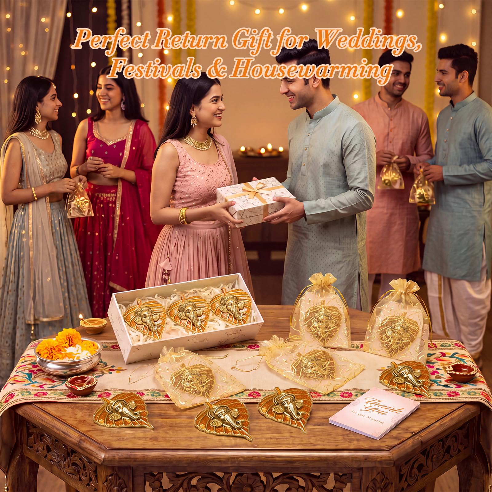Marsui 16 Stück indische Pooja-Rückkehr-Geschenke, Metallblätter, Ganesha-Dekor, Dankeskarten, Organza-Beutel, Diwali-Rückgabe, Geschenke für Gäste, Diwali, Hochzeit, Einweihung, religiöse Zeremonie
