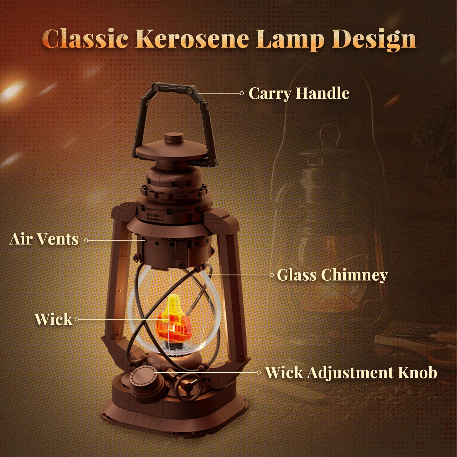 PANTASY Vintage Kerosinelamp met Licht, Bouwset voor Volwassenen | Retro model z klocków z efektem migoczącego płomienia, miedzianym wykończeniem i stylem dla kolekcjonerów.