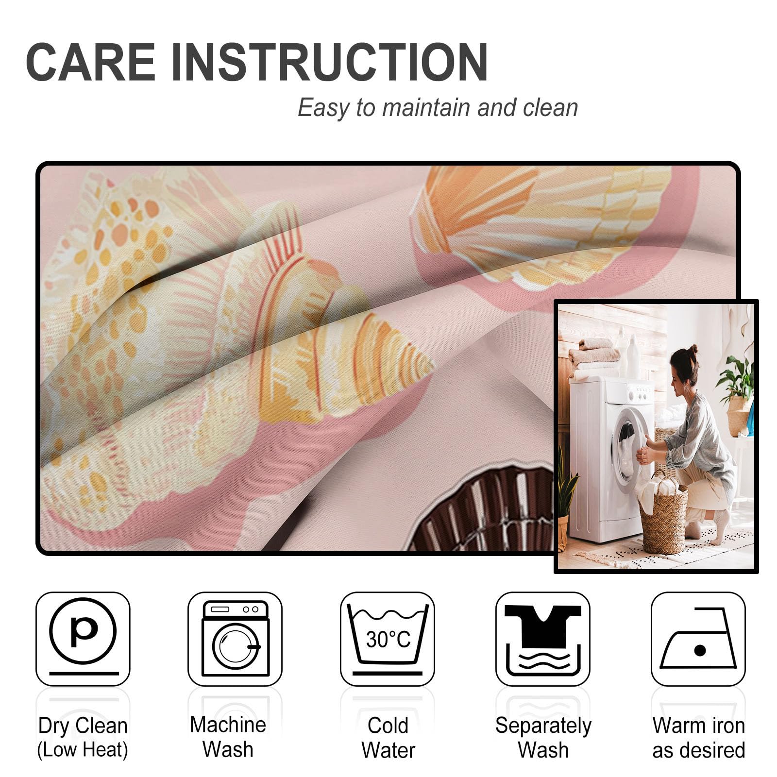 Rideau Occultant Thermiques Anti Froid Coquillage De Dessin Animé Imprimé 140Lx240H Cm Rideaux Opaques pour Salon Chambre, Jolie Illustration Design avec Oeillet Poudre Blush Lot De 2 De Cuisine