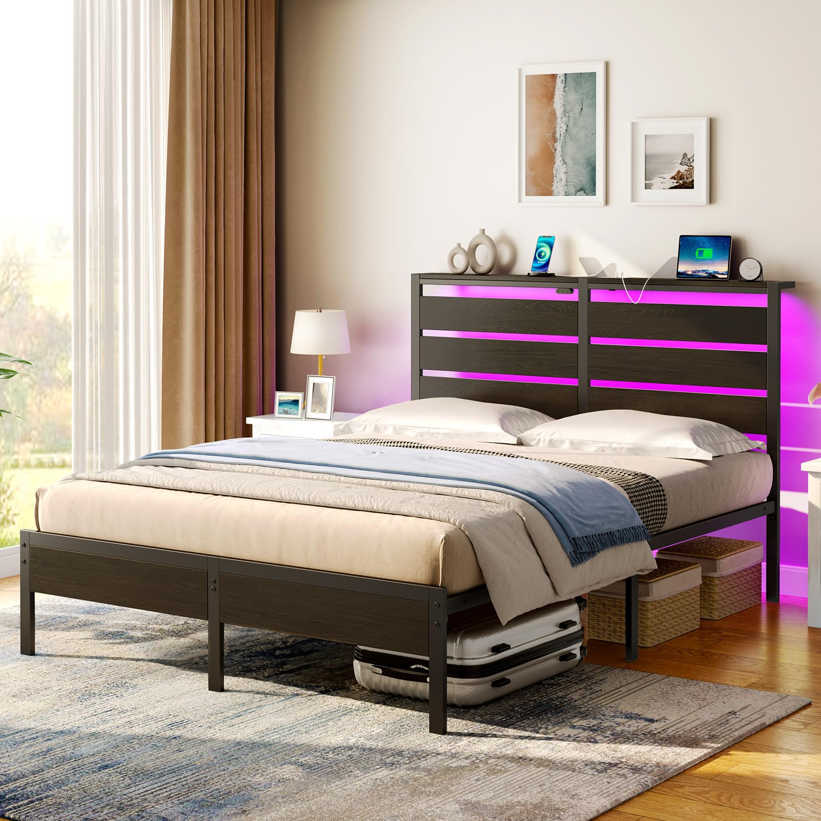 Rolanstar Lit 140x200 avec Sommier Métal, Cadre de Lit 2 Personnes avec Éclairage LED d’Ambiance, Ports USB & Type-C, Tête de Lit avec Rangement, Noir