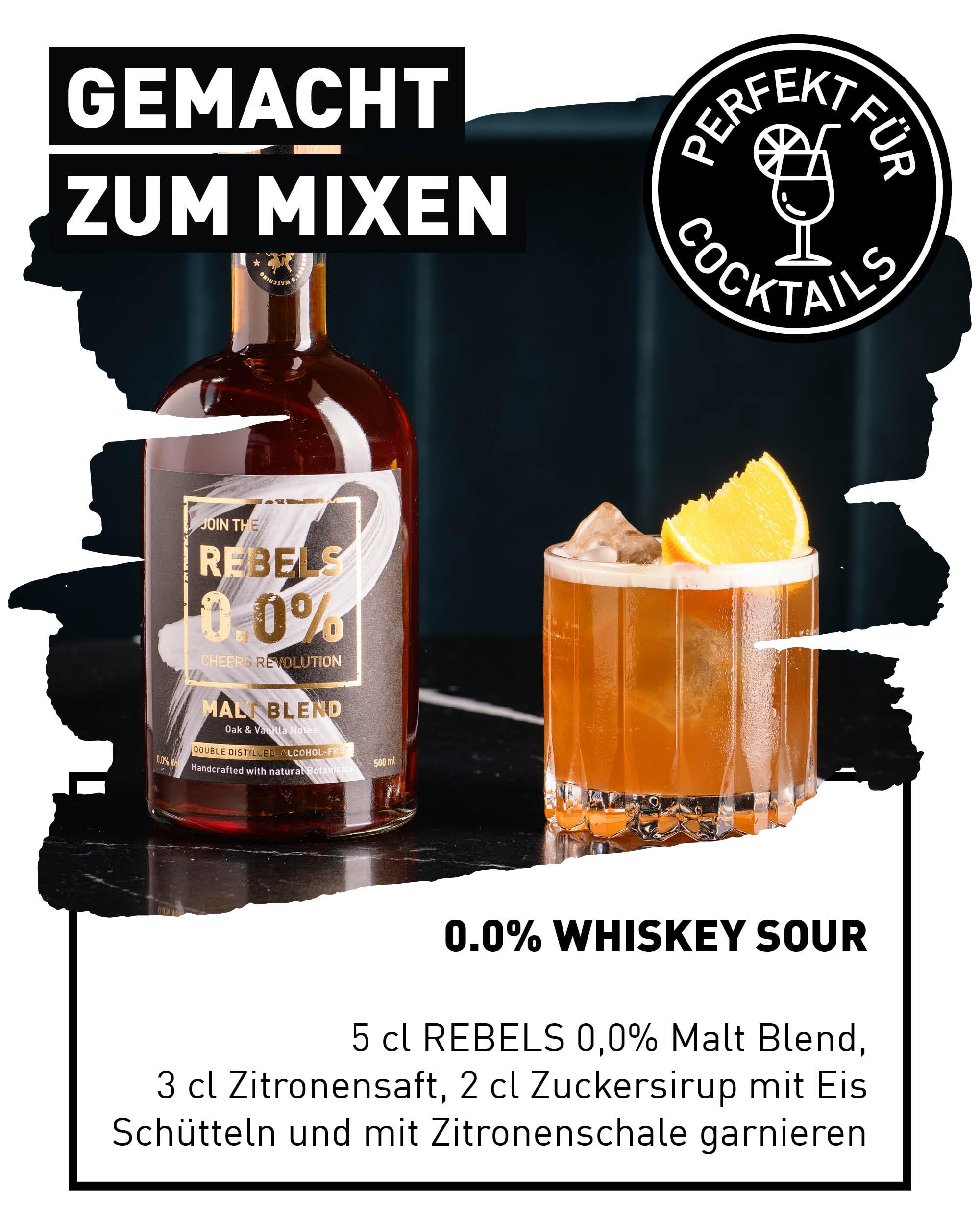 REBELS 0.0% Alkoholfreie Alternative Inspiriert von Whisky - Malt Blend - Doppelt Destilliert für Intensives Aroma - Vegan & Alkoholfrei - Zum Mixen für alkoholfreie Cocktails - 500 ml