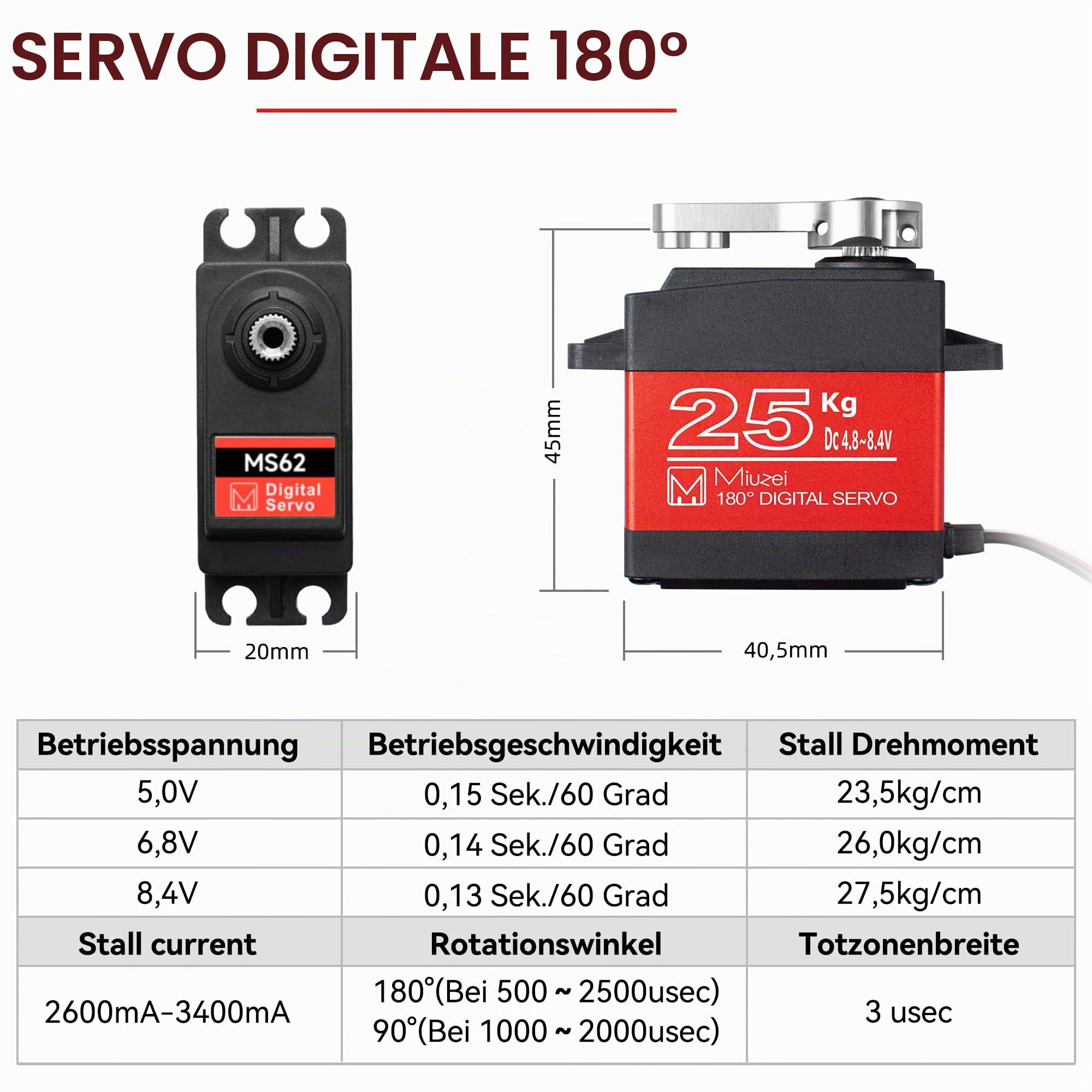 Miuzei Servomotore Rc Digitale 25kg 180 Metallo Gear Servocomando rc 1/10 1/8 Compatibile con Arduino High Torque Per Modellismo Mano Robotica