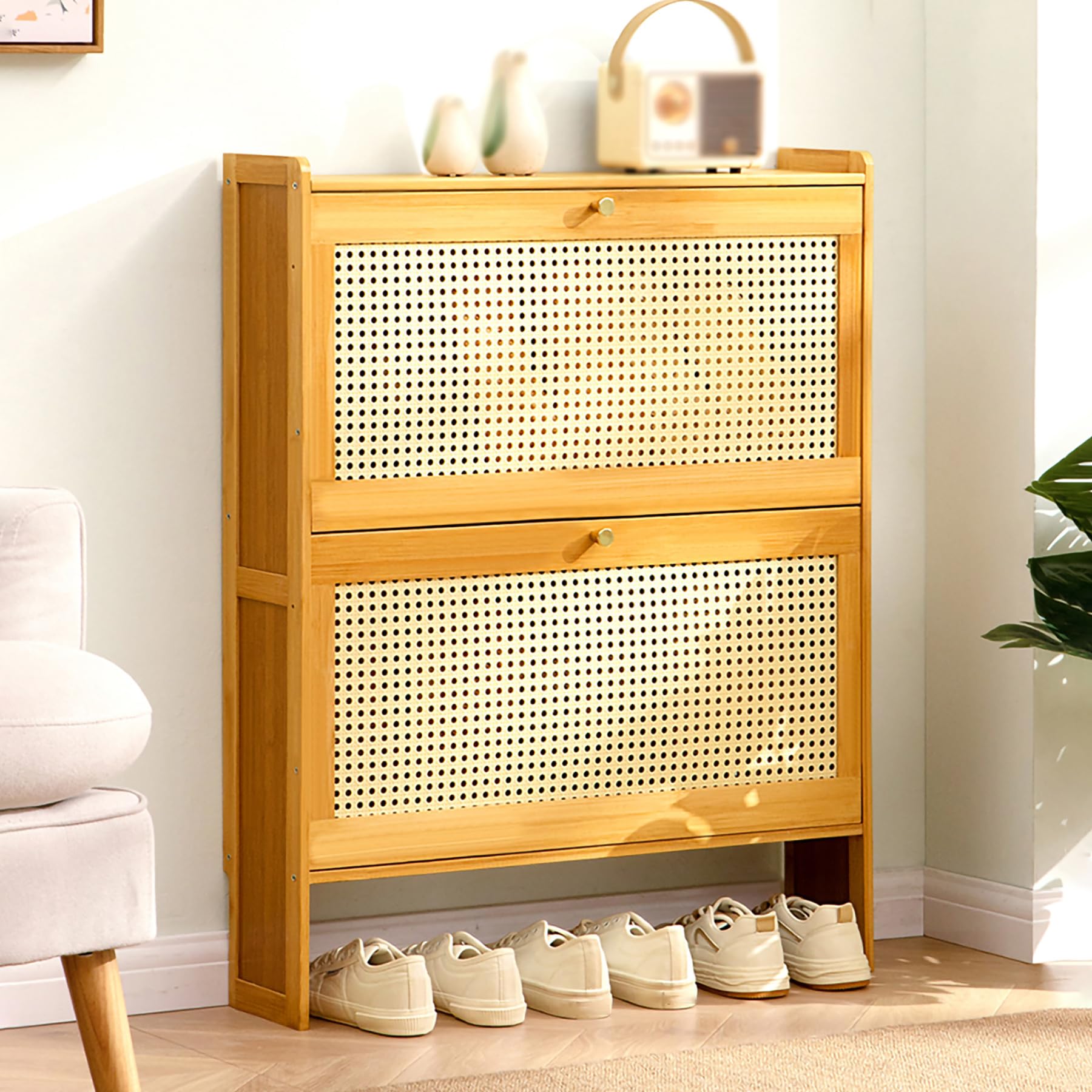 Armario para Zapatos De Bambú Fino con Puertas Abatibles Armario Independiente para Calzado 17cm Estrecho Y Delgado Independiente Almacenamiento Oculto para Entrada,Natural,70×17×87cm