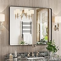 Vista 37 de Espejo de baño negro de 20x30 pulgadas con marco de metal negro, espejo de tocador rectangular redondeado con acabado mate para pared, con vidrio