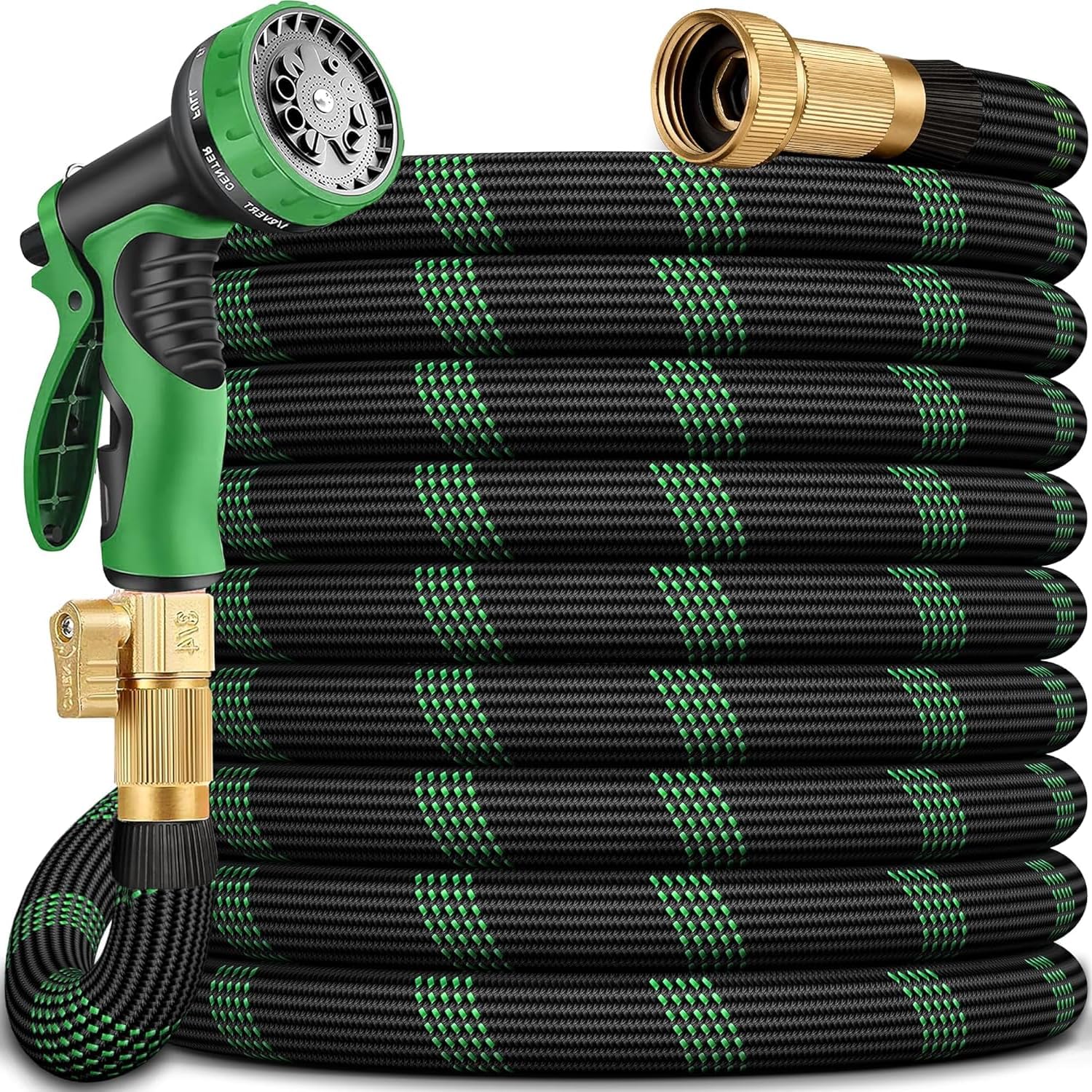 Non-Expandable Garden Hose with 10 Function Nozzles, Flexible Lightweight Waterhose with No Kink, Leak Proof, Solid Brass 3/4" Connector for Yard, Lawn, Car Washing, Pet Bathing (75FT/23 Meters)