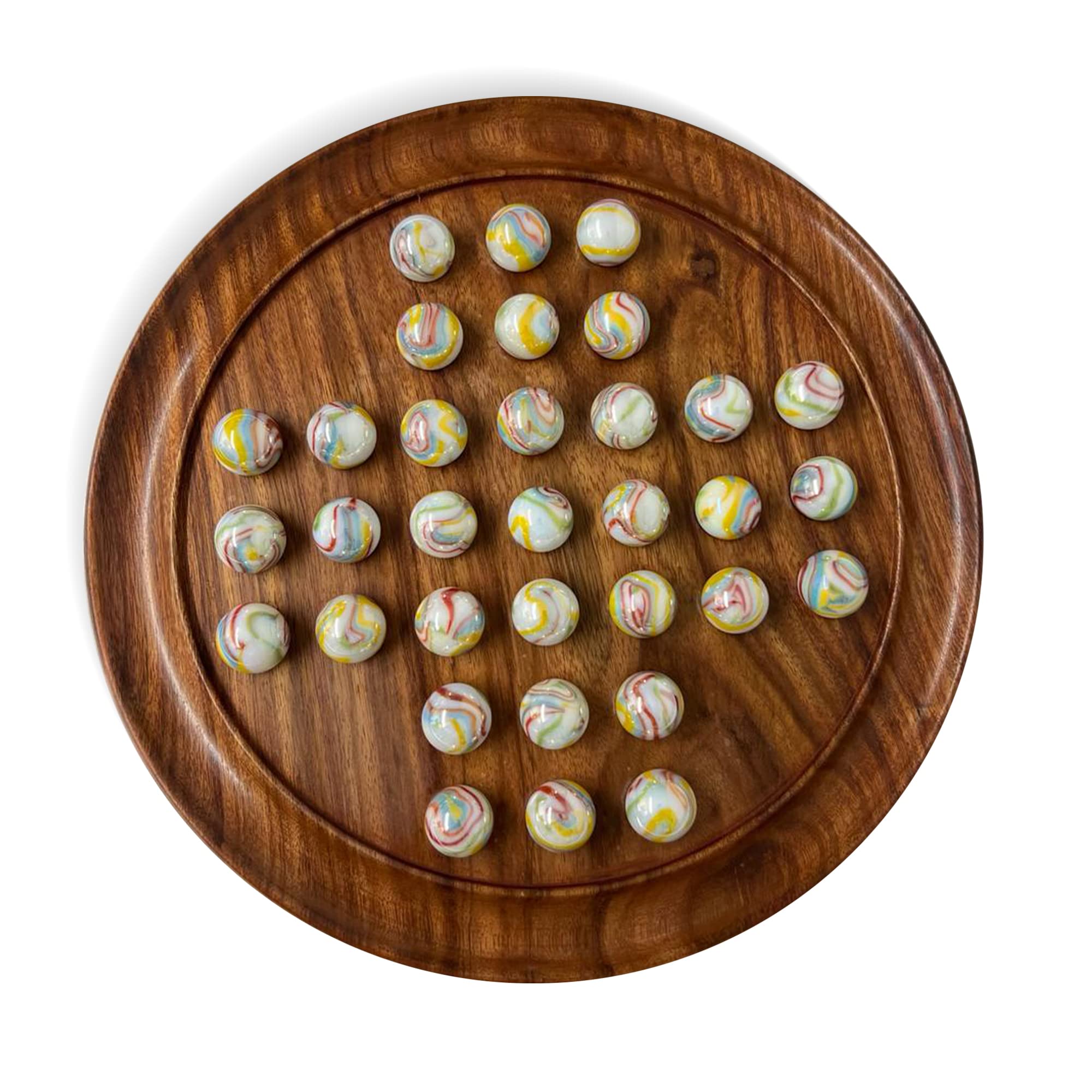30cm Diameter WOODEN SOLITAIRE BOARD GAME with GLASS Pan American WHITE MARBLES WITH MULTI COLOURED SWIRLS | classic wooden solitaire game | strategy board game
