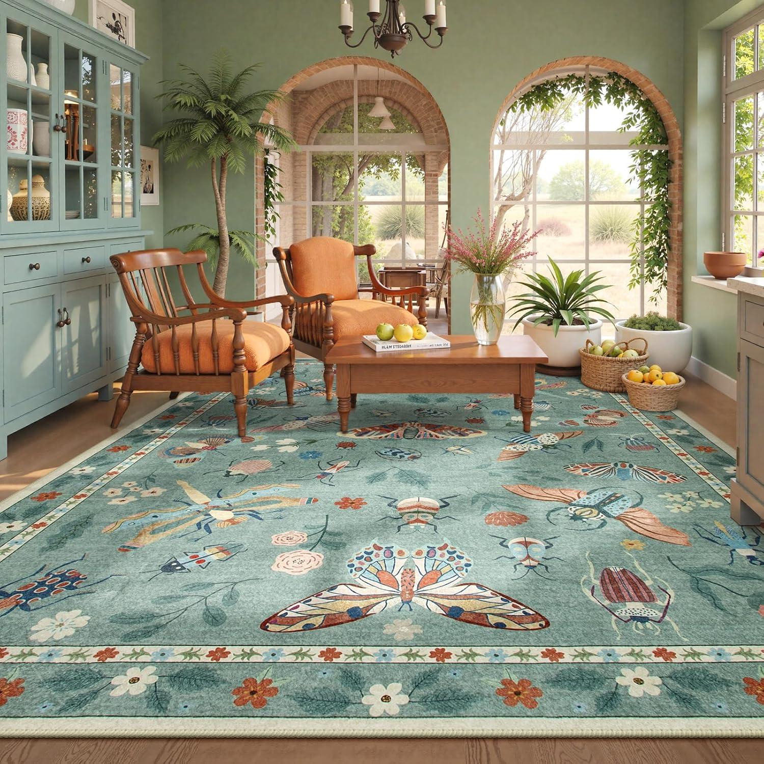 Beeiva Insect Print Washable Rugs 8x10 for Living Room - Sage Green Stain Resistant Soft Area Rug 8x10, Non Slip Bedroom Rug Under Bed Large Carpet Cottagecore Boho Decor(8'x10',Green)