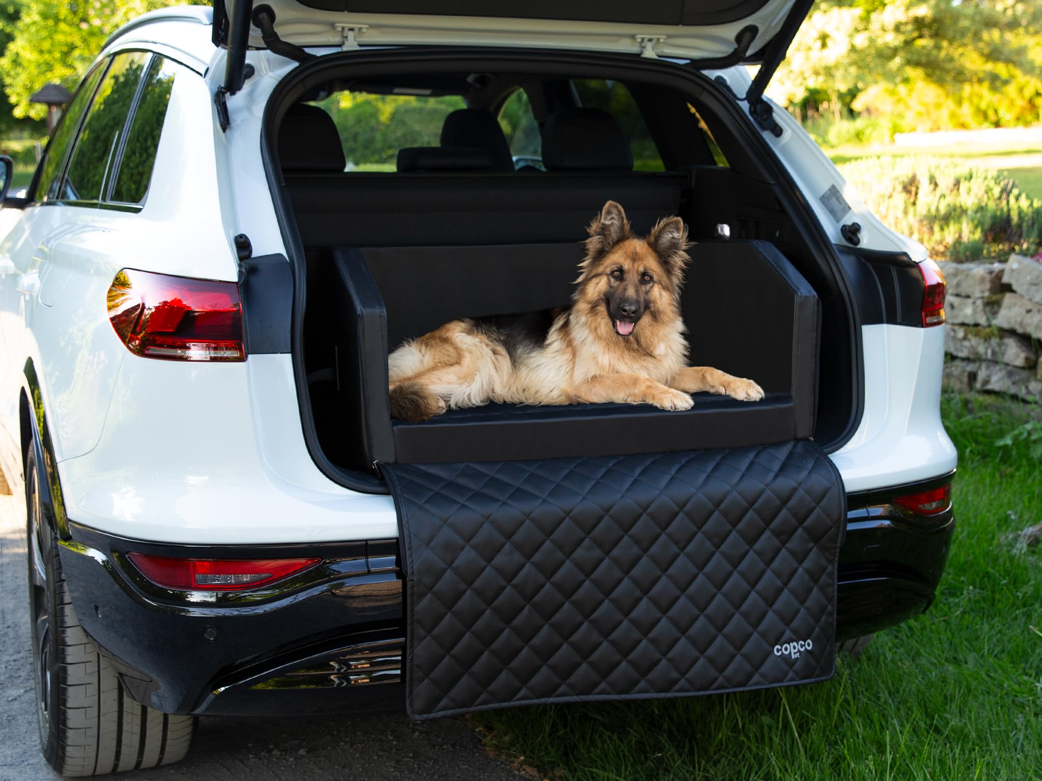 CopcoPet Hundebox Auto Kofferraumschutz Hund mit ladekantenschutz kofferraum【Mit Tasche】kofferraum schutzmatte herausnehmbar - Hunde Autositz mit Anschnallsystem, hundetransportbox 100x90x38cm Schwarz