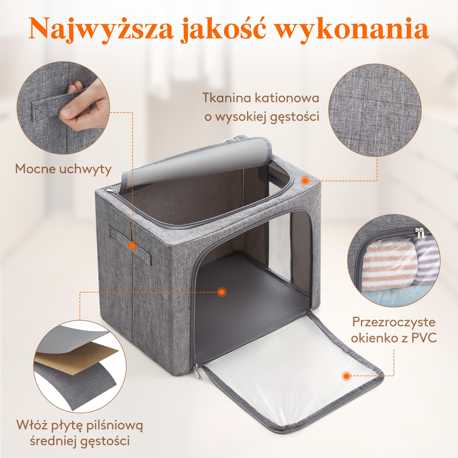 Lifewit Pojemniki na ubrania z metalową ramą, składane pojemniki do przechowywania z pokrywami, 40-litrowe torby, organizer z przezroczystym okienkiem＆ zamki błyskawiczne＆ trwałe uchwyty 3 szt.