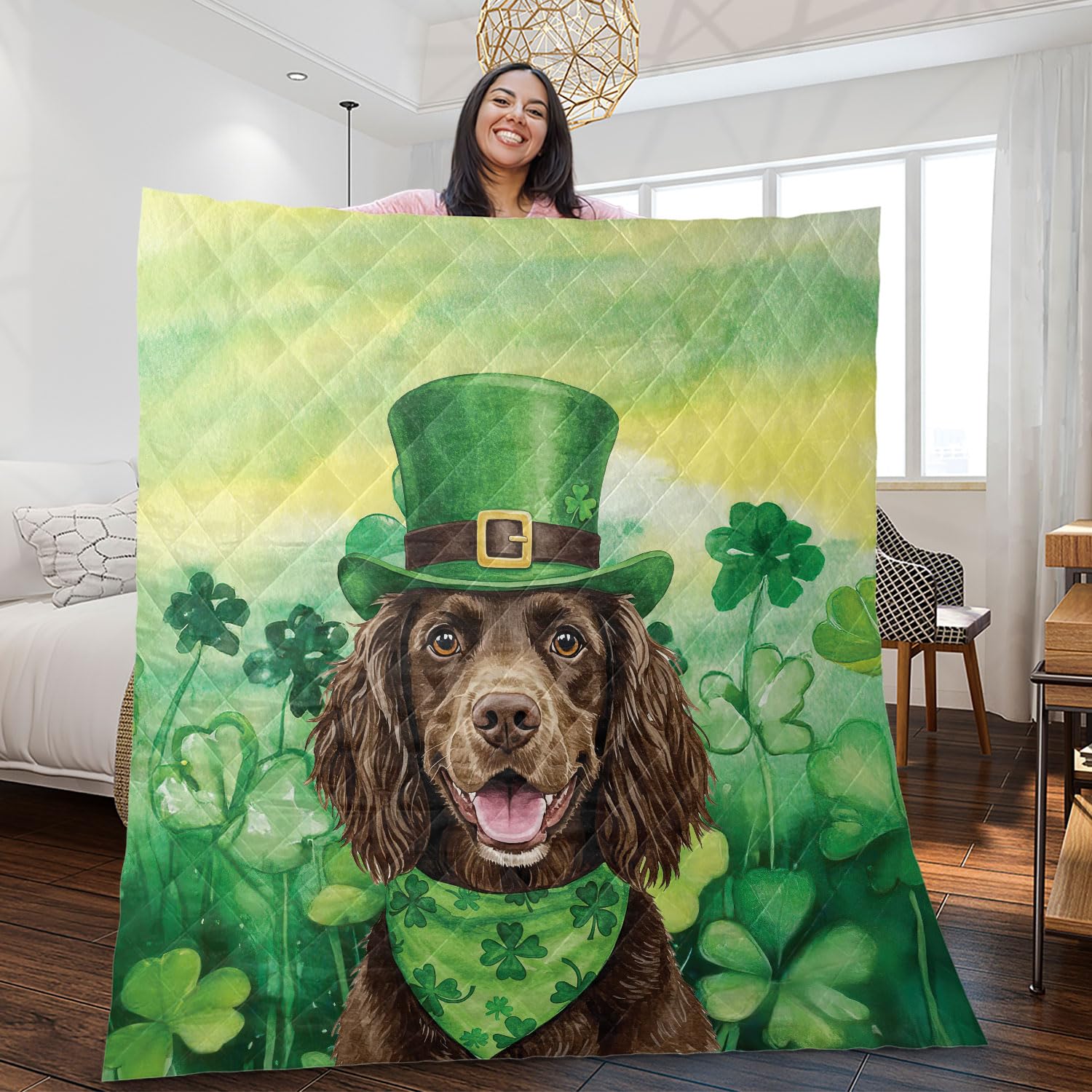 Ninety3POD Lucky Shamrock Happy Boykin Spaniel Saint St. Patricks Day Artwork Quilt Blanket Dog Lover Cozy Comforter Throw Blanket 11001