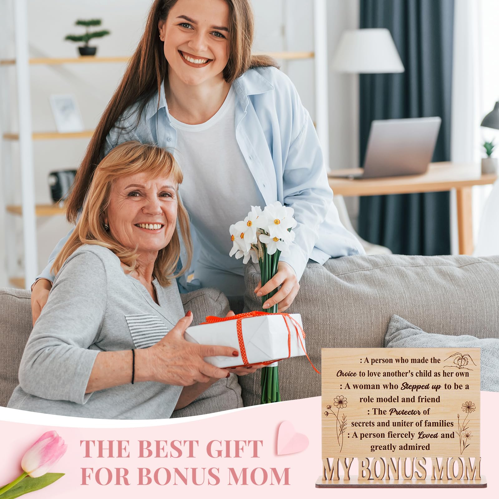 Qunclay Bonus Mom Gifts Wooden Standing Sign Plaque Gifts for Stepmom Adoptive Bonus Mom Definition Thank You Gift Desk Sign for Mothers Day Stepmother Birthday Christmas Gift