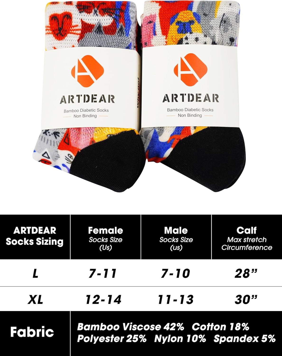 Artdear Diabetic Socks for Men & Women - 2 Pairs Bamboo Non Binding Extra Wide Colorful Crew Socks for Swollen Feet Seamless Toe Loose Fit (Kitten & Puppy, Large) - Image 4
