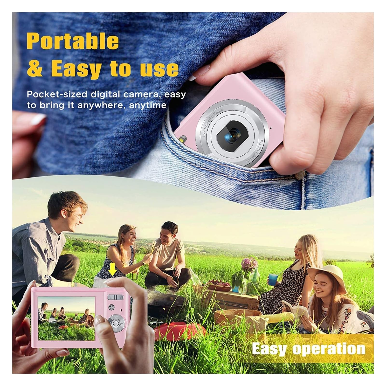 Fotocamera digitale Vlogging Zoom Schermo LCD Mini fotocamere portatili compatte for studenti, adolescenti Cattura Facilmente Momenti Meravigliosi(Pink)