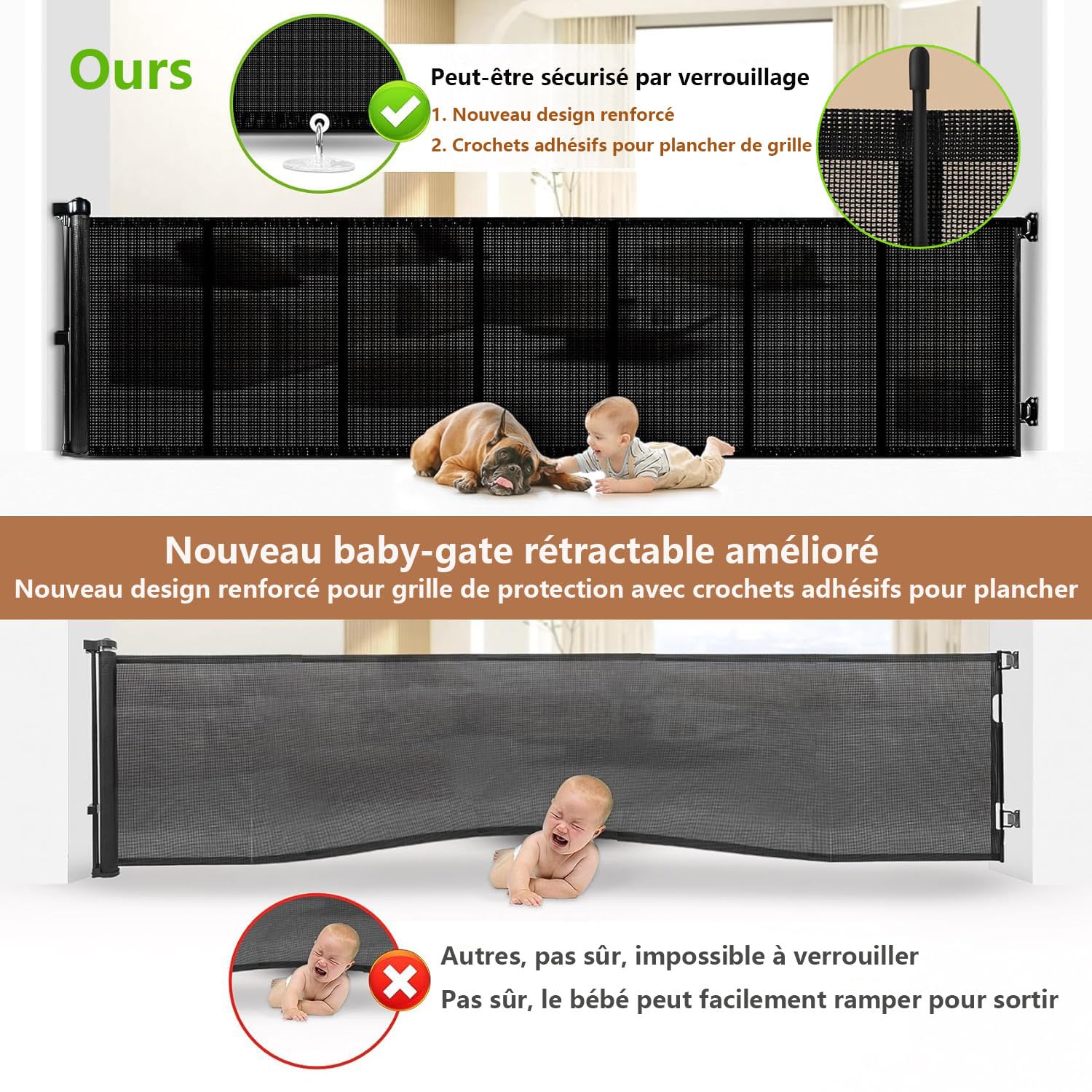 Barrière de Sécurité pour Enfant et Chien, 1.5M/3M/5M, Renforcement en Fibre de Verre, Noir