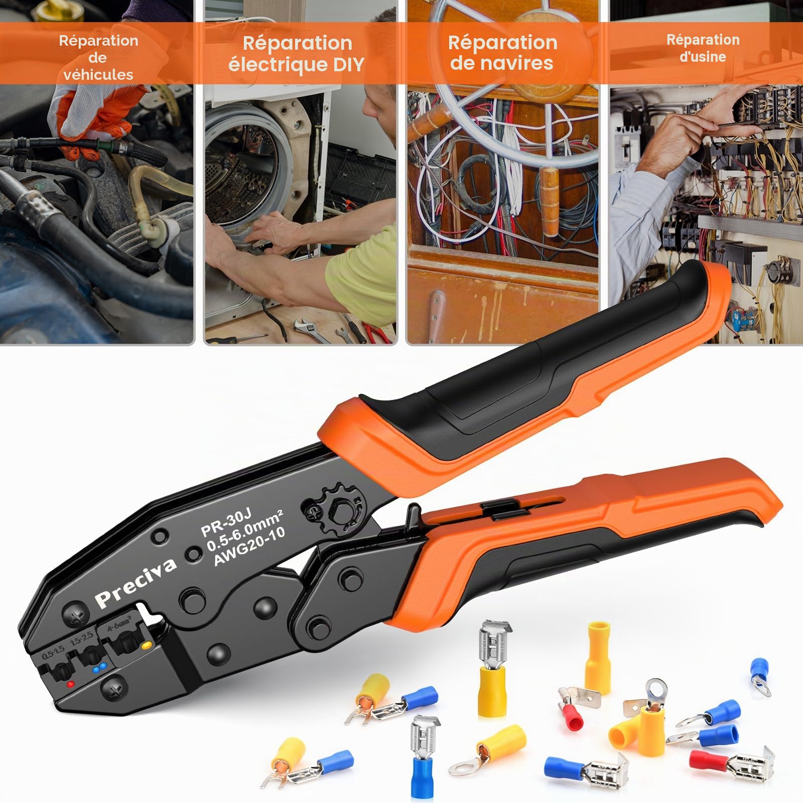 Pince à Sertir Preciva, 0.5-6mm², 18 Types, 400pcs Cosses Electriques, AWG20-10, Isolées pour Réparations Électriques