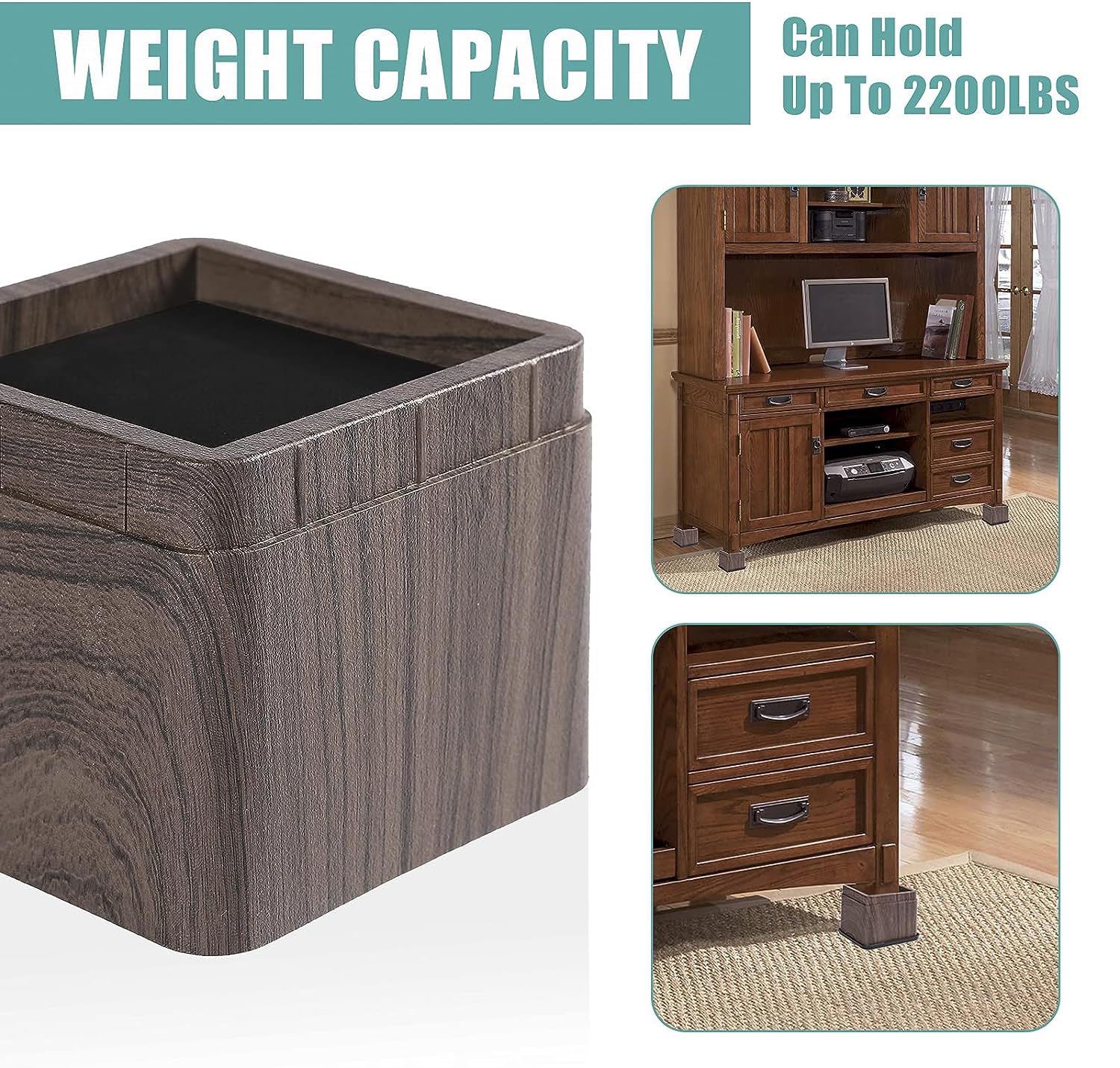 KEIBIKEIDI 3 Inch Stackable Bed Risers Heavy Duty Furniture Risers , Lifts Up to 2200 LBs Couch Sofa Desk Table Chair Risers (Stackable Walnut Wood Grain) - Image 4