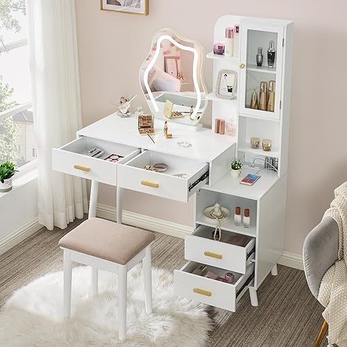 Miniatura 3 de ANWBROAD Juego de tocador de tocador de maquillaje con espejo iluminado, toma de corriente, juego de mesa de tocador de maquillaje con estación de