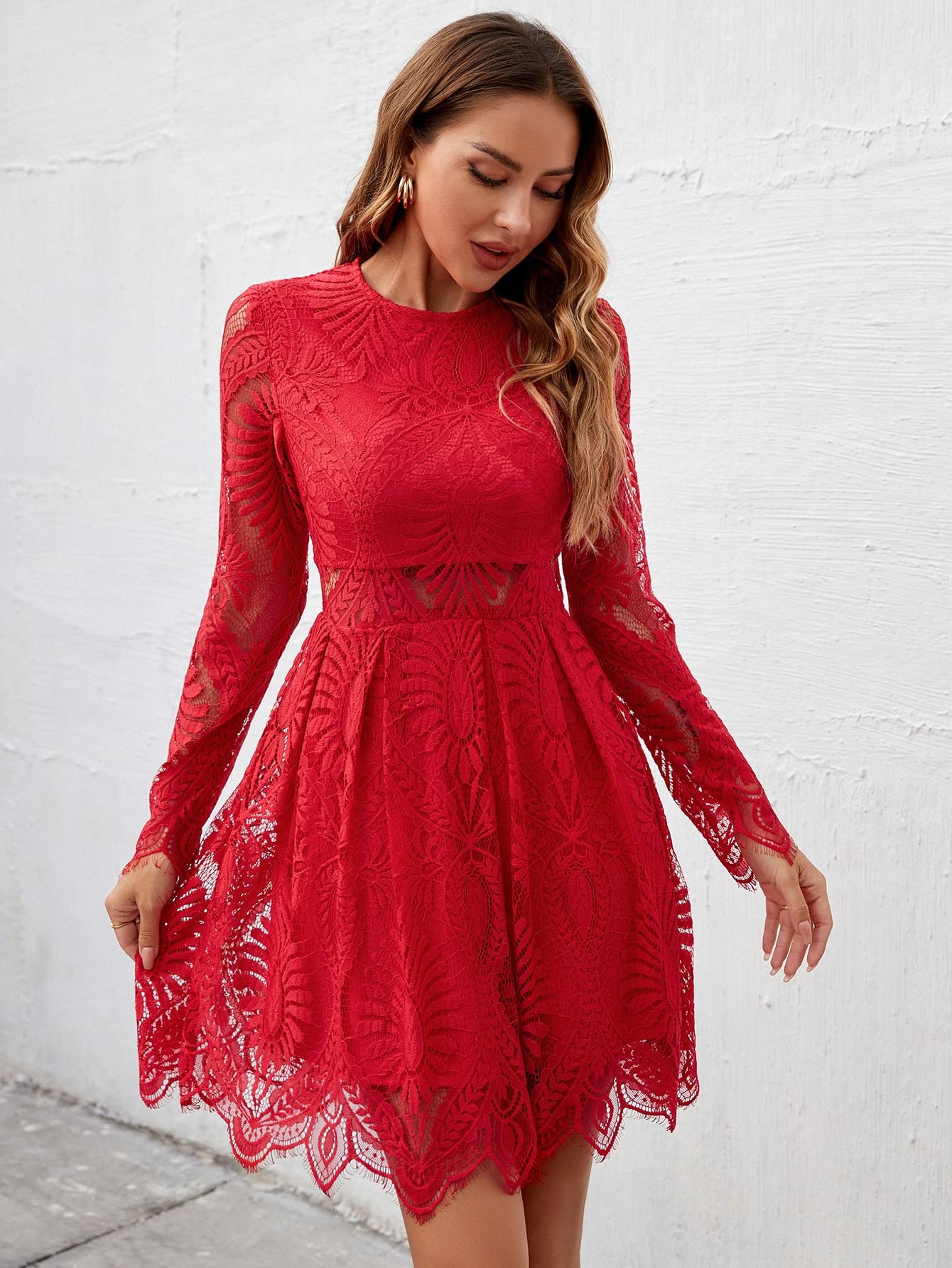 Amazon.com: Women's Dresses Sheer Insert Scallop Trim Lace Dress Dress for  Women (Color : Red, Size : Large) : Clothing, Shoes & Jewelry
