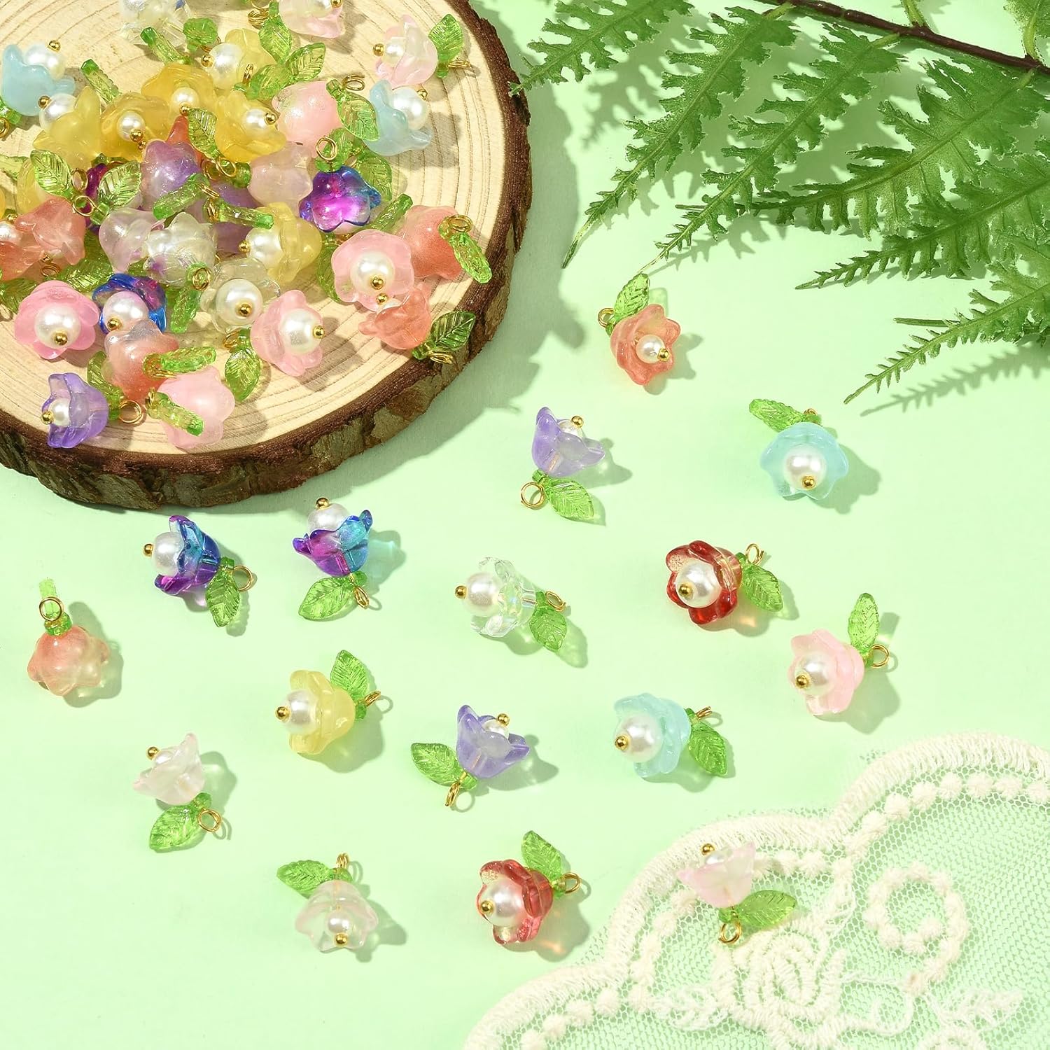100Pcs Flower Charms for Jewelry Making Bulk Small Cute Glass Acrylic Pearl Charms 10 Colors Floral Pendants with Leaf Beads for Necklace Bracelet Earrings Keychain DIY Supplies - Image 4