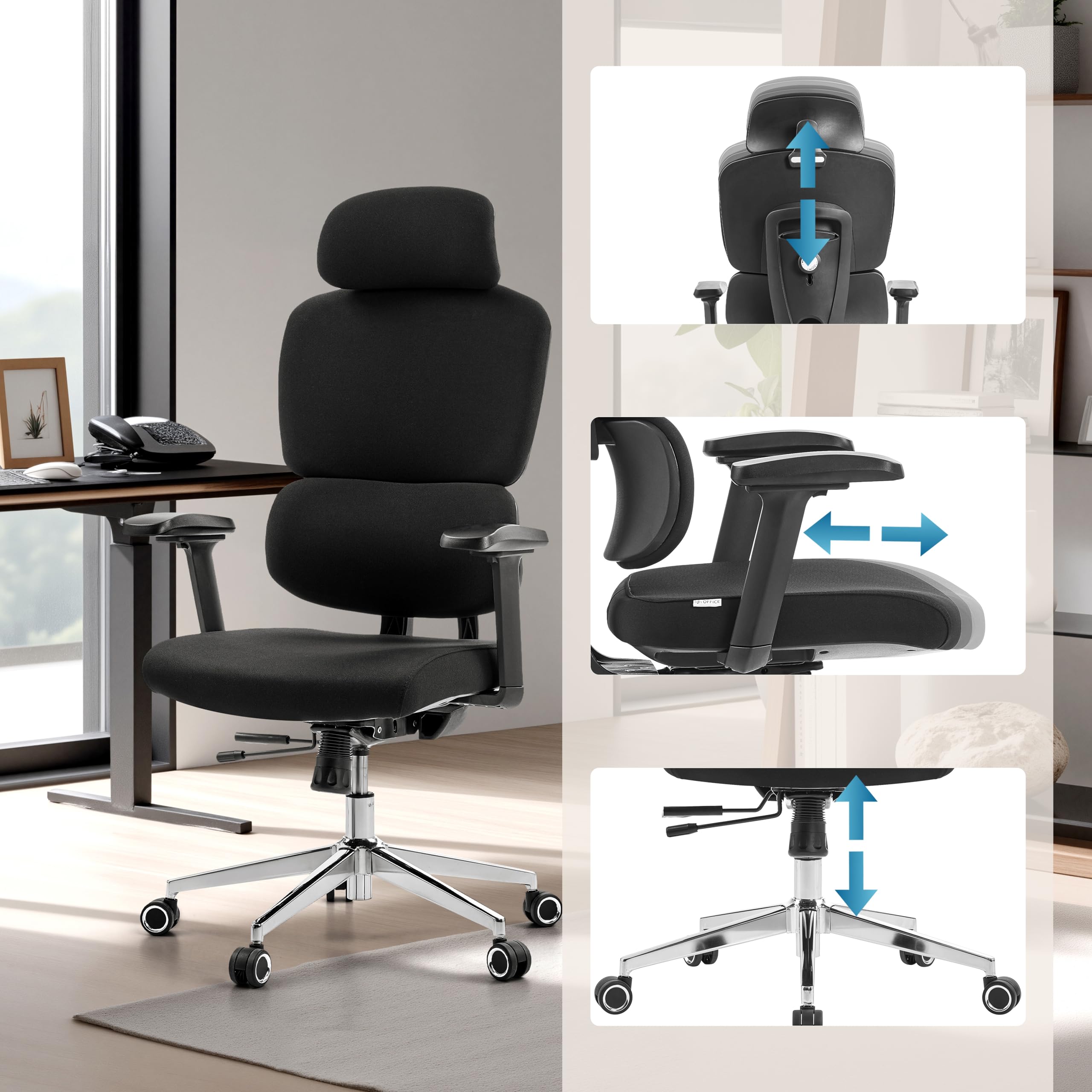 hjh OFFICE Profesjonalne krzesło robocze Ergomy F 2 | mechanizm synchroniczny – zagłówek z regulacją wysokości i podłokietniki 3D, kolor czarny