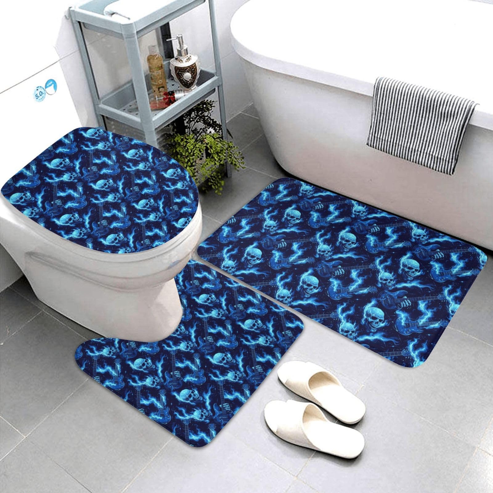Tapis de bain absorbant lavable antidérapant lot de 3 contour WC motif crâne bleu de feu
