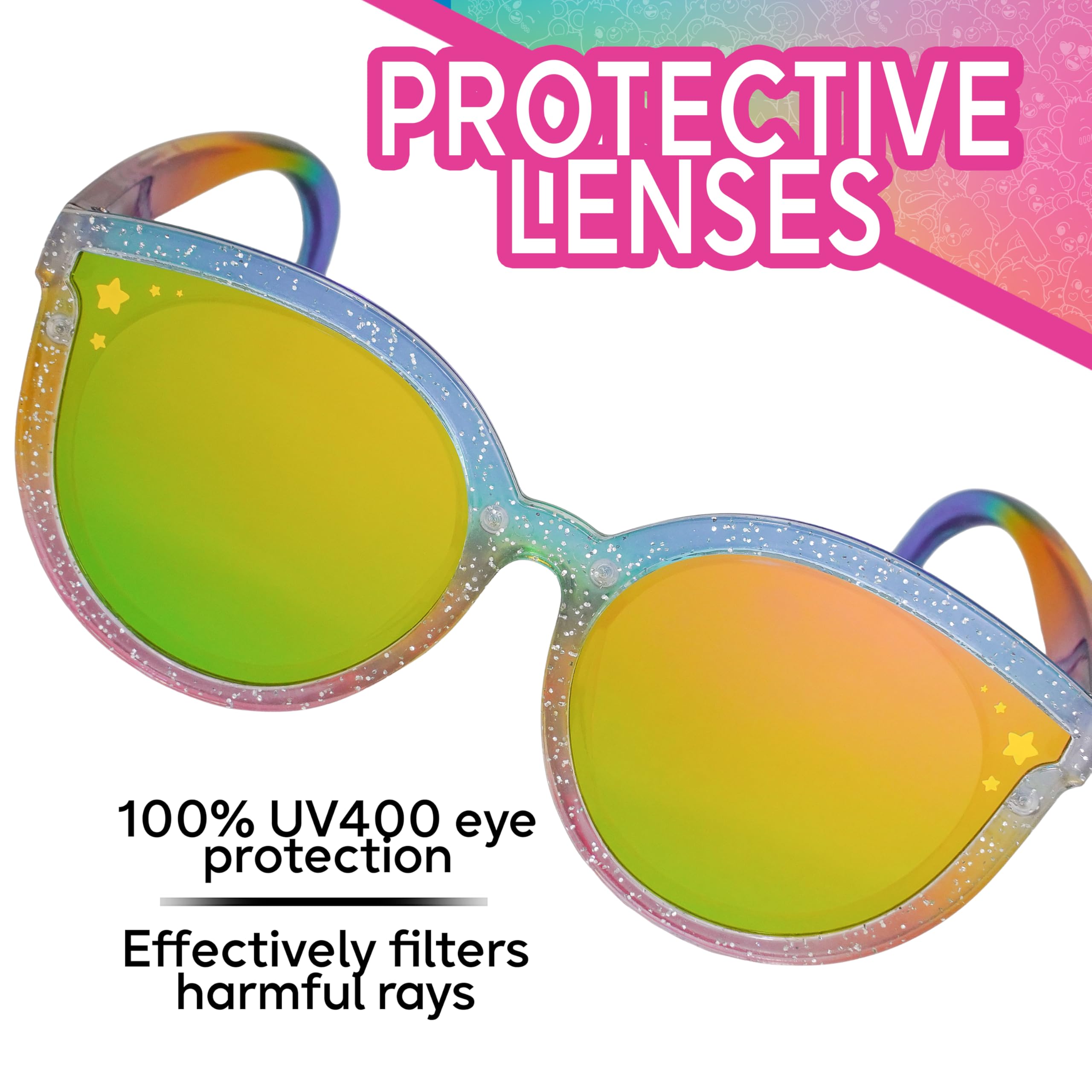 Sun-Staches Kids Care Bear Sonnenbrille, stilvoll, bequem und langlebig, UV-Schutz, Pflegebär-Sonnenbrille mit weichem Pflegebär-Zubehör, Tragetasche – Offizielles Care Bears Zubehör