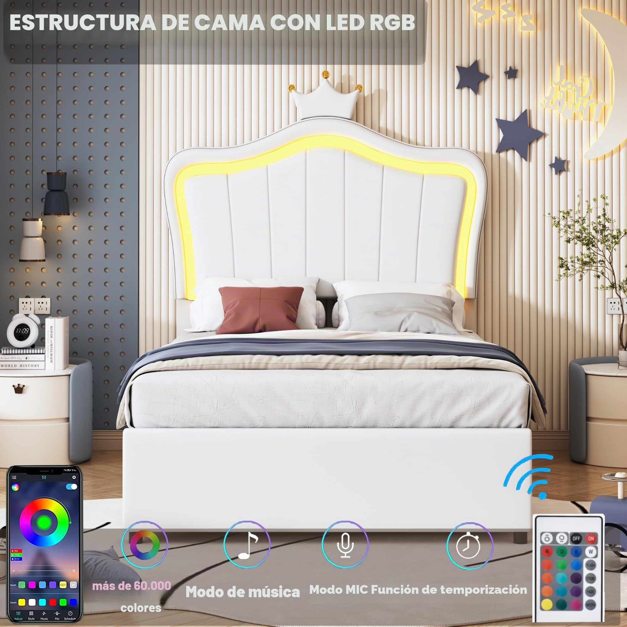 Cama tapizada para niños de 90 x 200 cm, con diseño de coronas, cama de almacenamiento hidráulico, cabecero de altura regulable, cama individual con somier, piel sintética (blanco)
