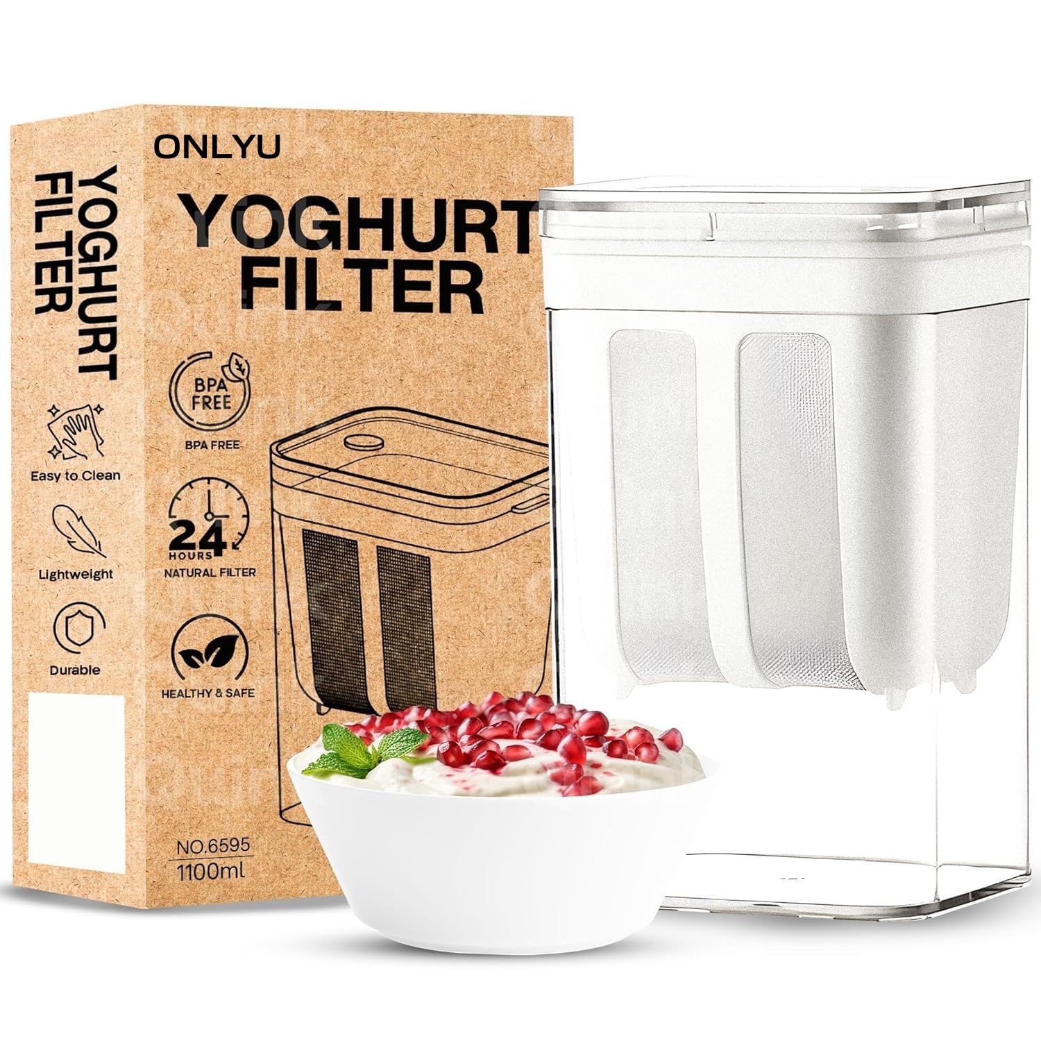 OnlyU Greek Premium Yogurt 1100ml Filter|Curd Maker with Fine mesh Steel Strainer|Hung Curd Maker for Home|2 Free Cotton Muslin Cloth Bags| Perfet for Homemade Yogurt,Cheese Maker &More