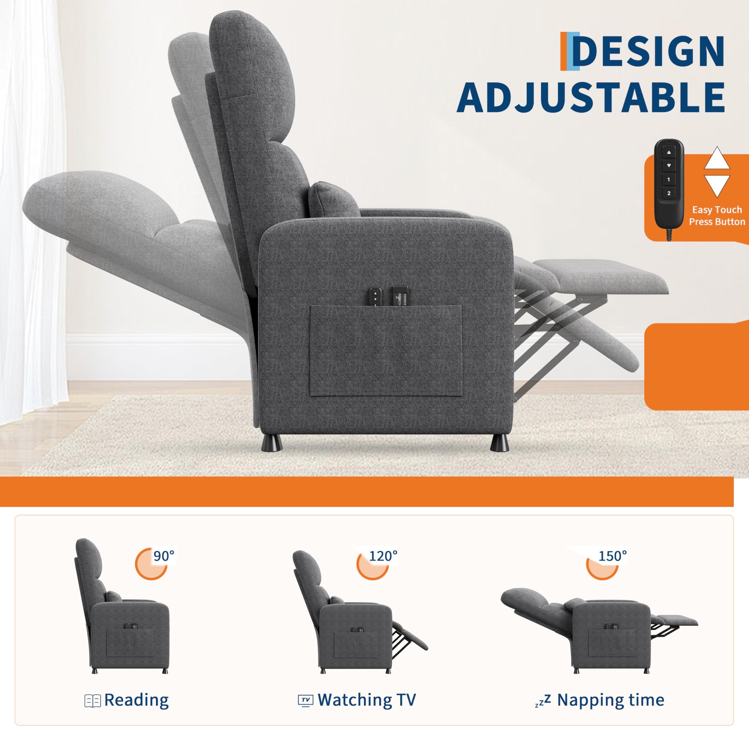 Sillón Eléctrico Reclinable con Masaje y Calor, Asiento de Lino con Mando, Respaldo y Reposapiés Ajustables 165°, Puerto USB, Soporte Lumbar para Salón