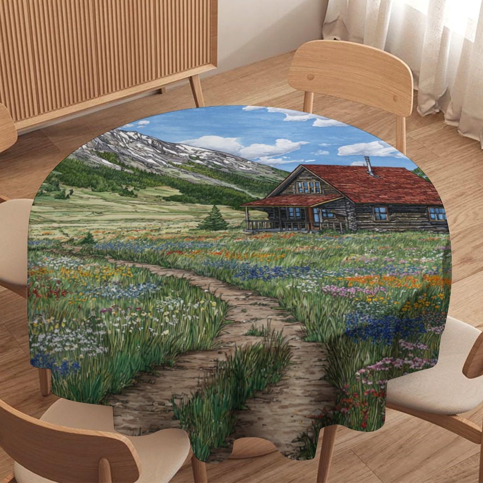 LUYYSKY Vintage Realistic Floral Field Round Tablecloth Beautiful Natural Mountain Farm Barn Log Cabin Flowers Washable Decor for Table Cover for Kitchen-152.4" Wx152.4 L cm
