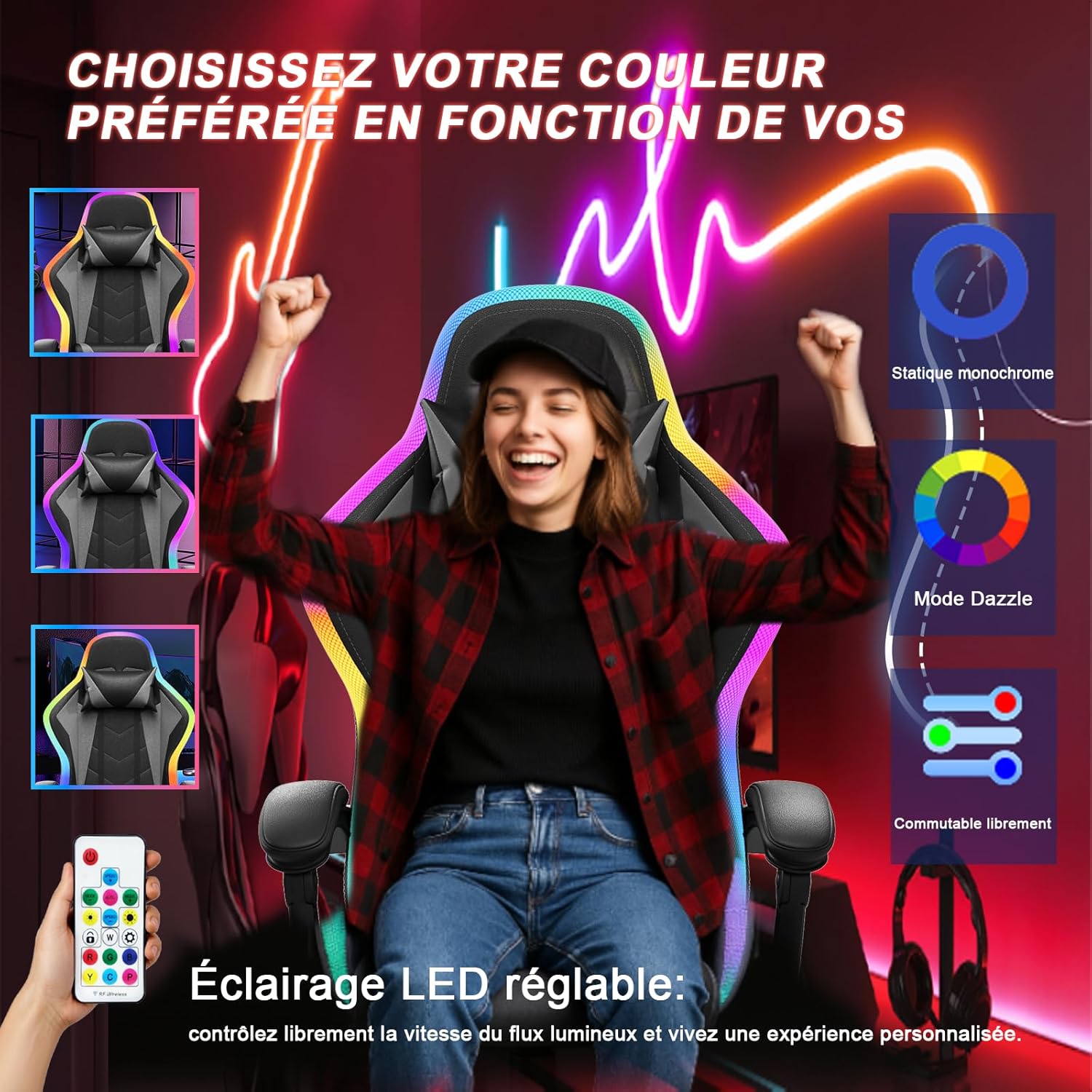 User controlling the LED lighting of the gaming chair with a remote control
