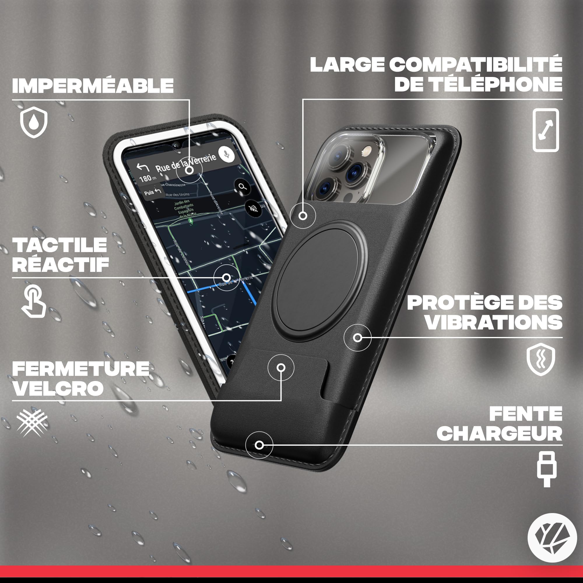 SHAPEHEART innovation française, Support téléphone moto magnétique Pro avec bras articulé et pochette imperméable détachable, absorbe les vibrations. Porte téléphone pour guidon moto, scooter
